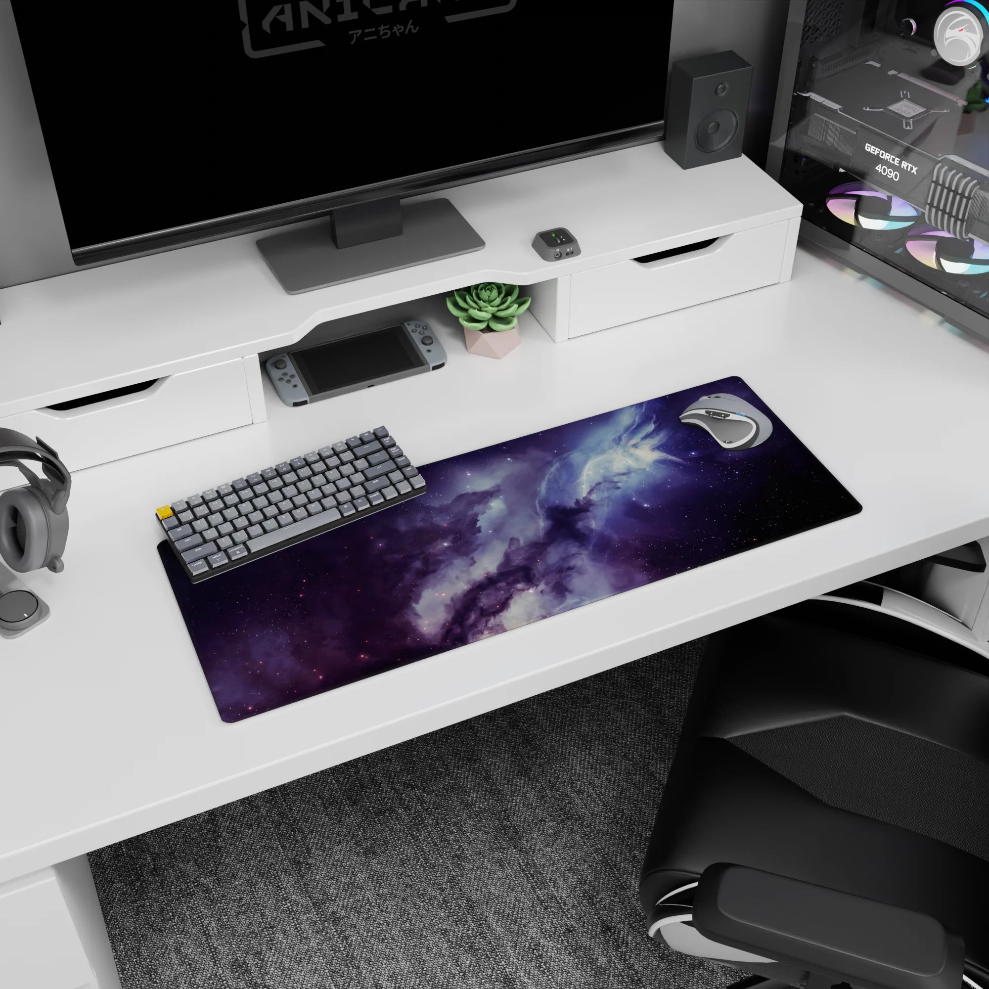 Space cloud scene 32x12 inches mouse pad showing swirling nebula mist with scattered tiny stars.