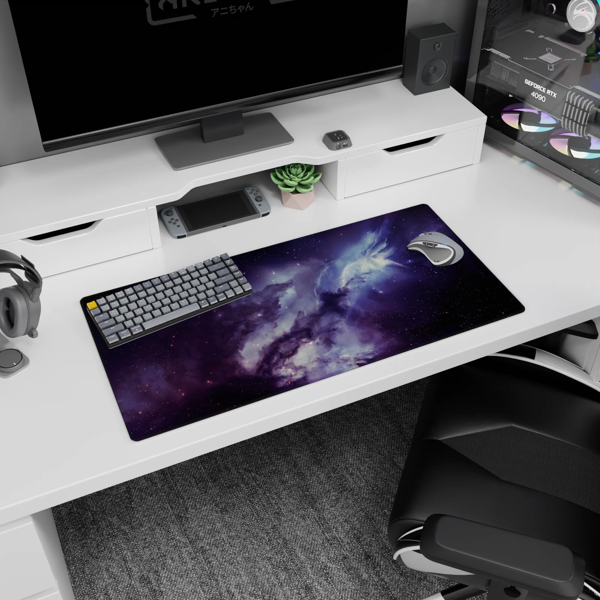 32x16 inches mouse pad showing swirling nebula clouds in space with tiny stars and misty glow.