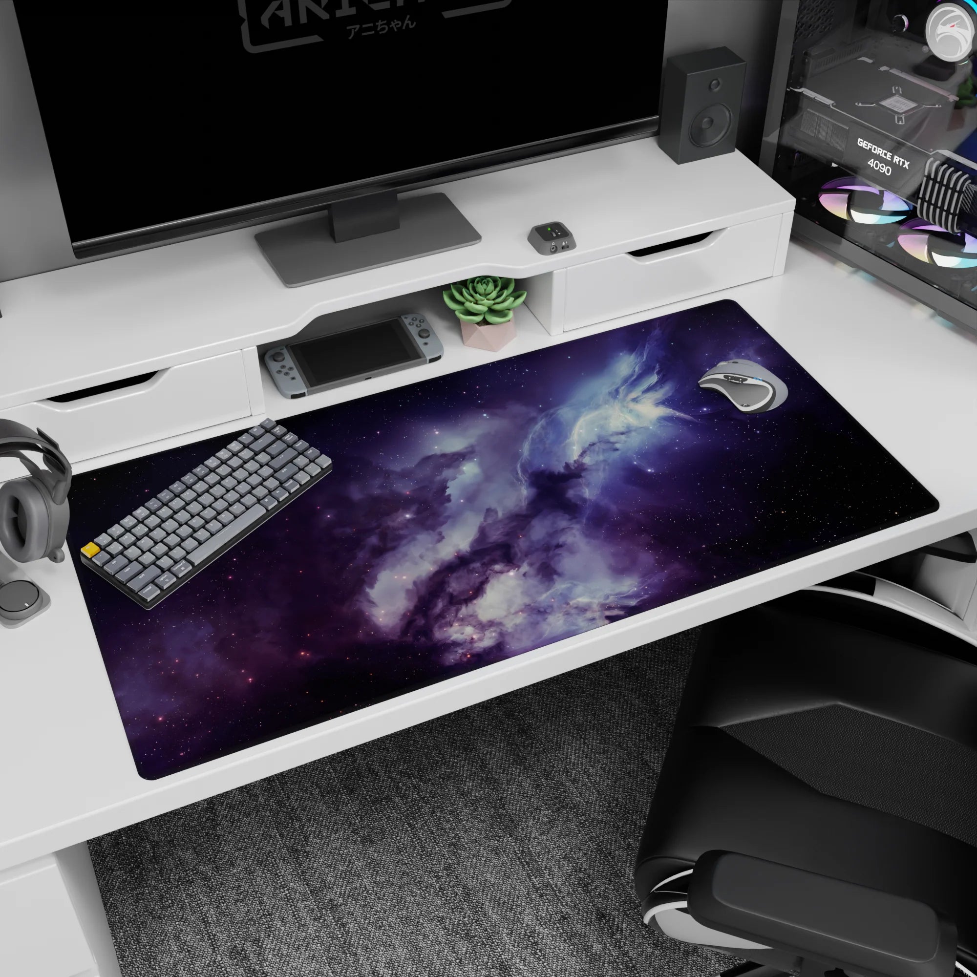 Space cloud scene desk pad 40x20 inches with tiny star-specks and soft light blooms.