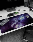 Space cloud scene desk pad 40x20 inches with tiny star-specks and soft light blooms.