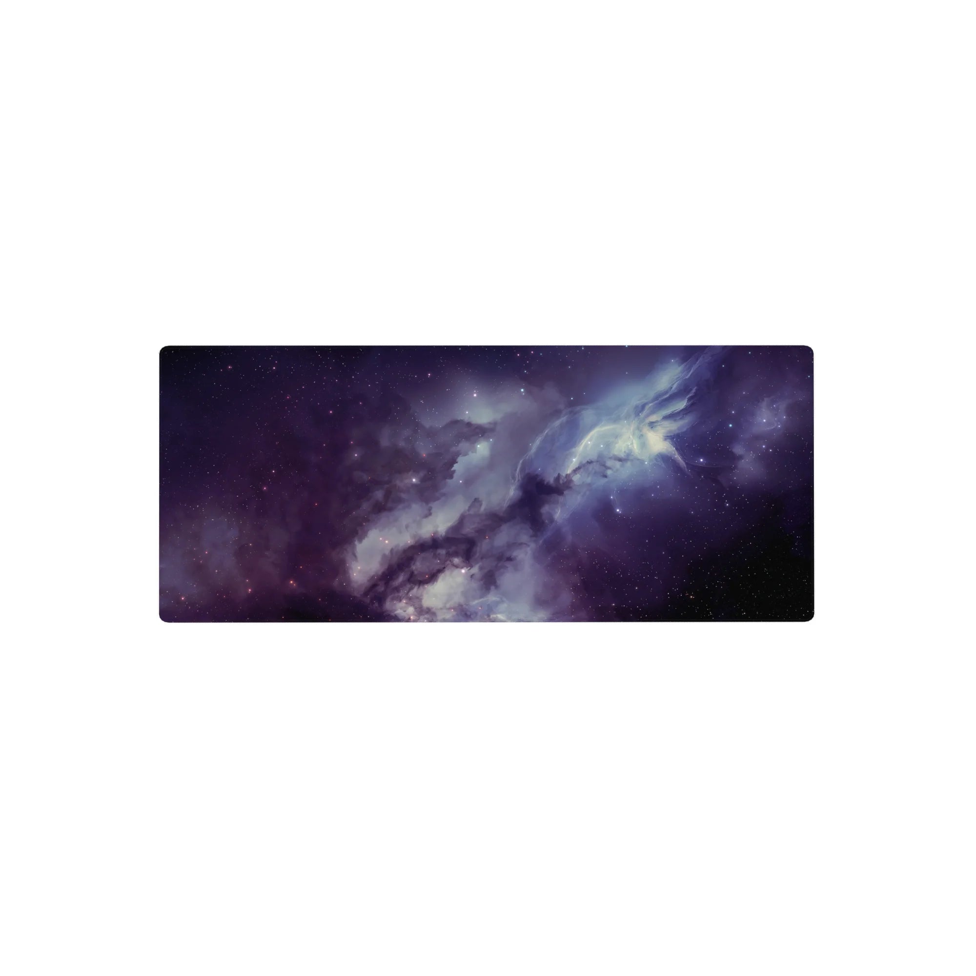 Galaxy nebula swirl mouse pad, 28x12 inches, with star-speckled space design and soft gradients.