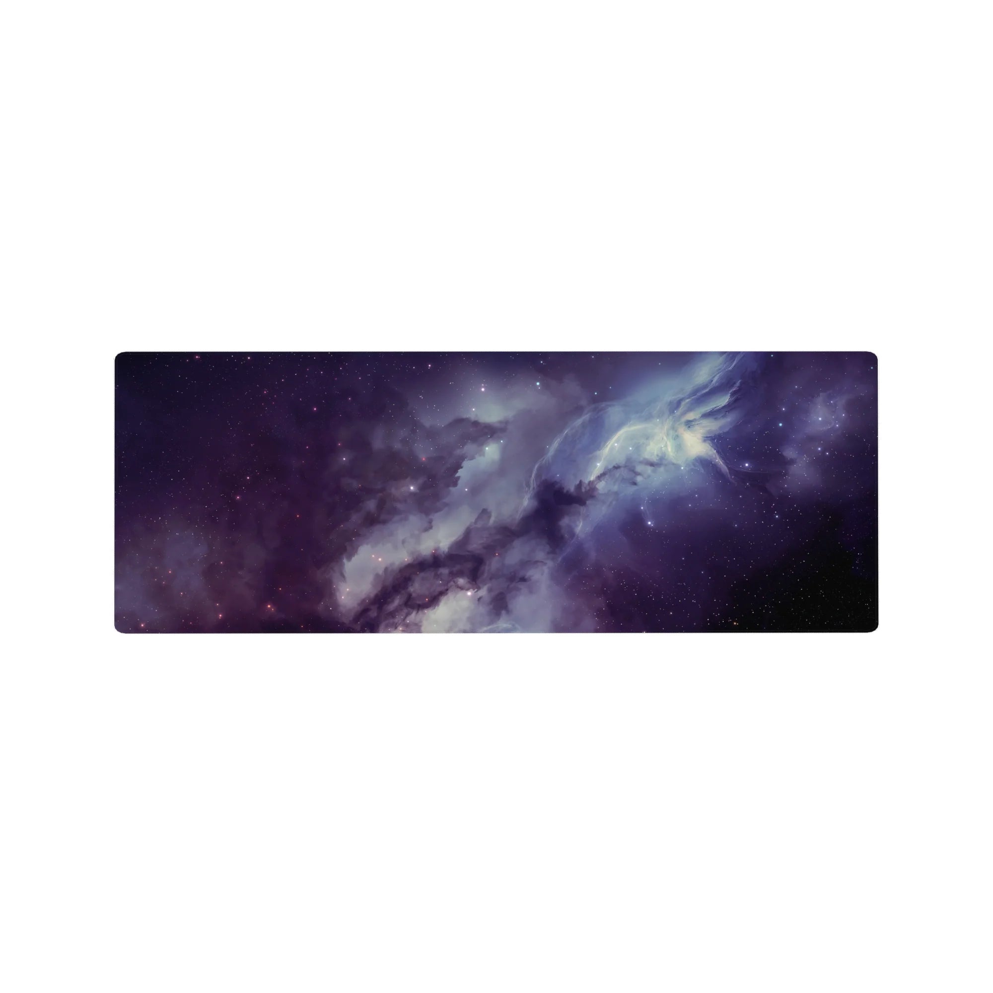 Galaxy nebula desk mouse pad 32x12 inches with smoky gradients, star specks, and soft light blooms.