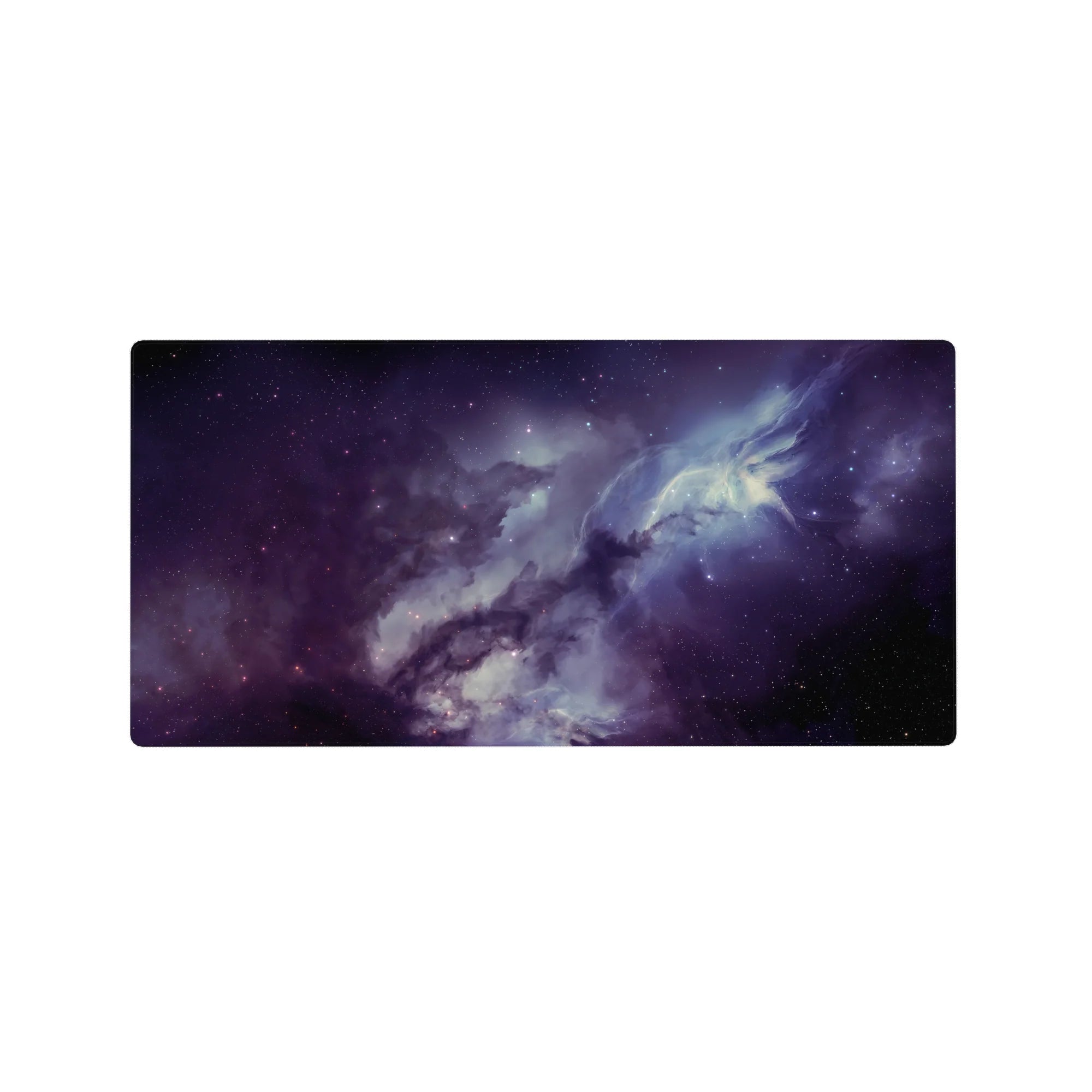 Galaxy nebula desk mouse pad 32x16 inches with smoky gradients, star specks, and light blooms.