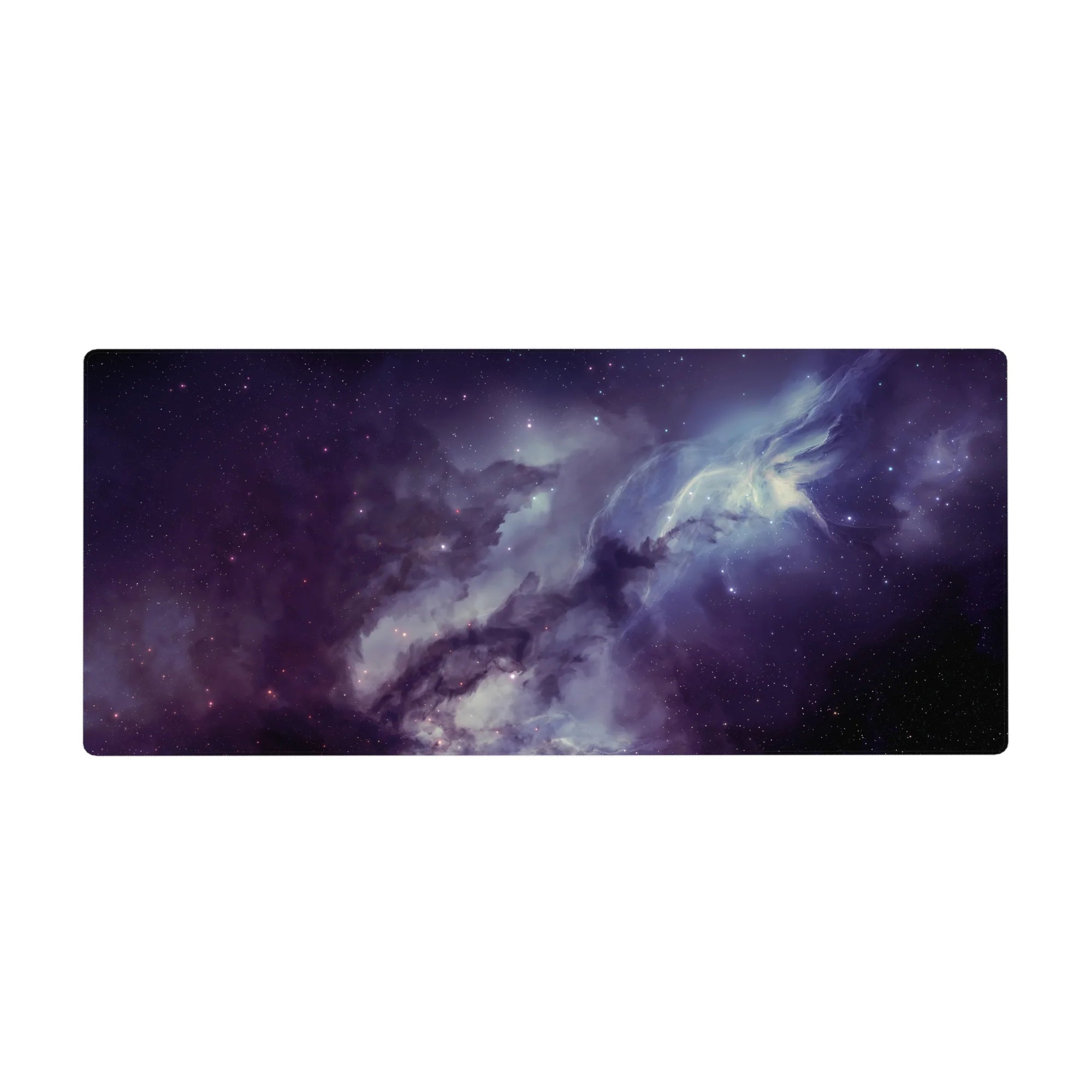Galaxy nebula desk pad with star-speckled misty gradients, 36x16 inches.