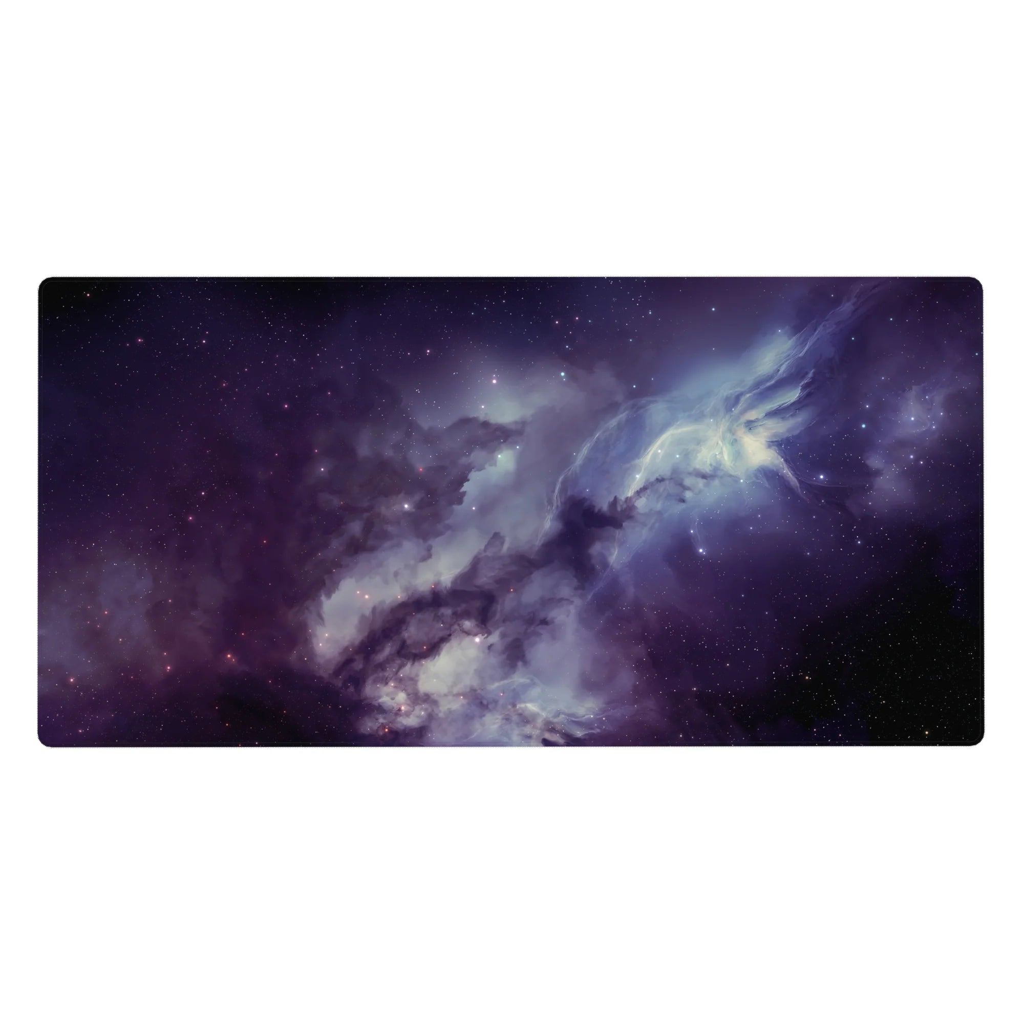 Galaxy nebula desk pad 40x20 inches with star-speckled swirl design and smooth surface.