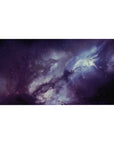 Galaxy nebula desk pad 40x20 inches with star-speckled swirl design and smooth surface.