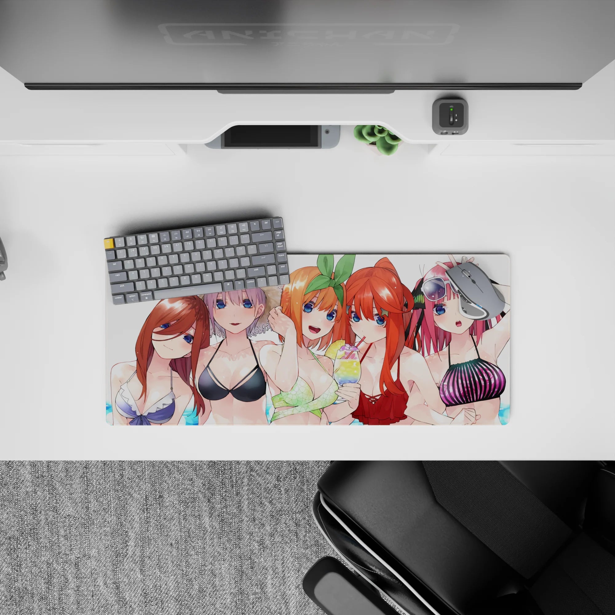 28x12 inches anime girl mouse pad in sunlit blues and candy colors, playful winks and blushy smiles.