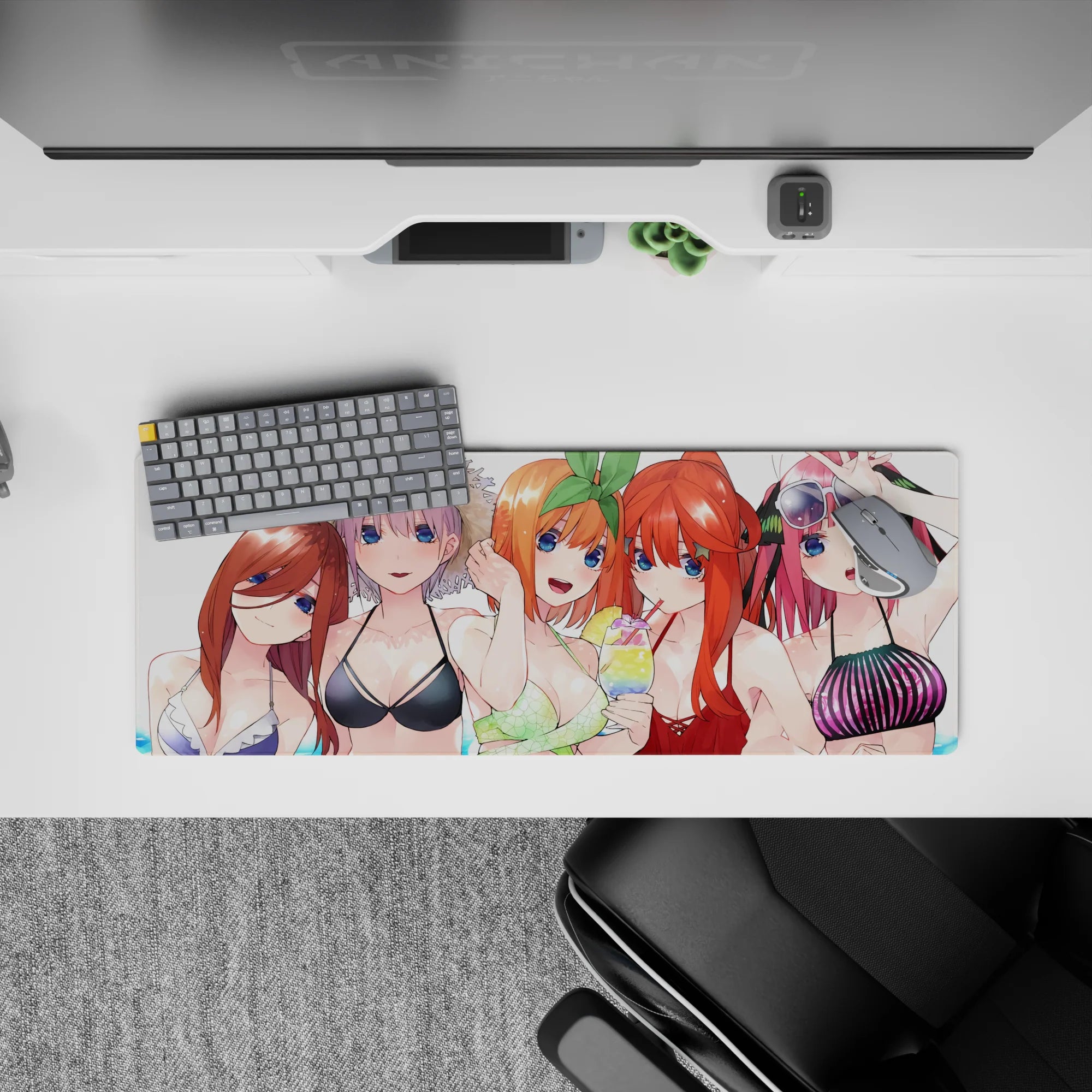 32x12 inches anime girl mouse pad in sunlit blues and candy colors, playful winks and blushy smiles.