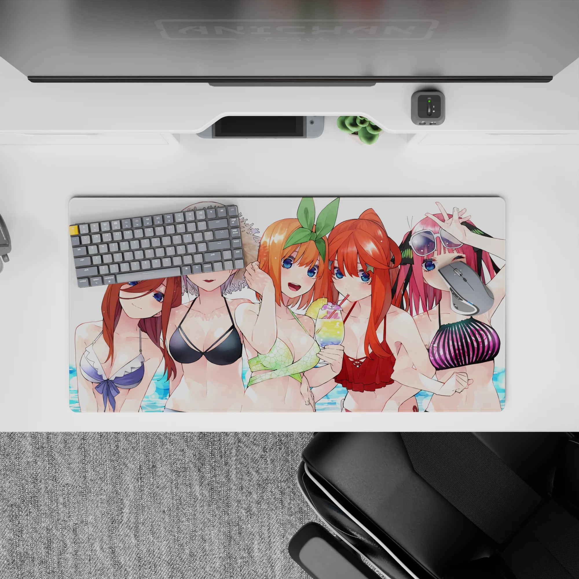 32x16 inches anime girl mouse pad in sunlit blues and candy colors, playful winks and blushy smiles.