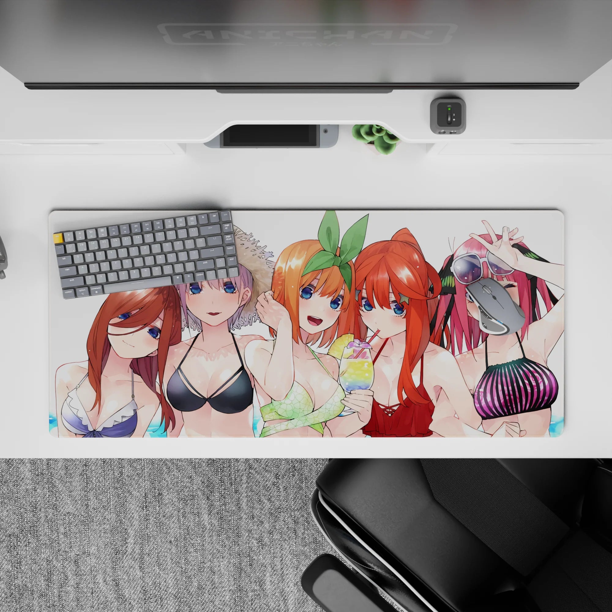 36x16 inches anime desk pad in sunlit blues and candy colors, playful winks and blushy smiles.