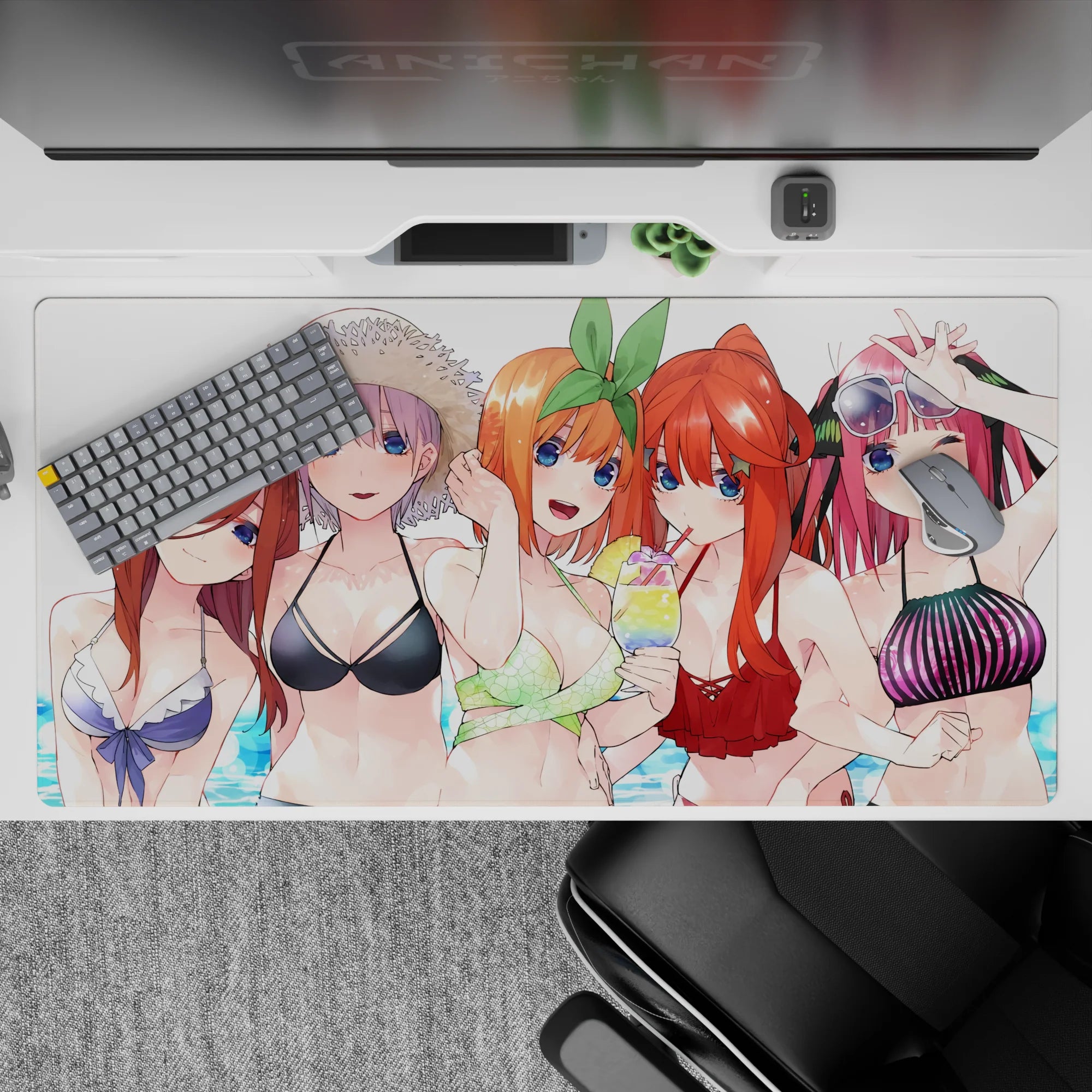 Candy-colored anime girl desk pad 40x20 inches in sunlit blues, mint, pink, and red for playful vibes.