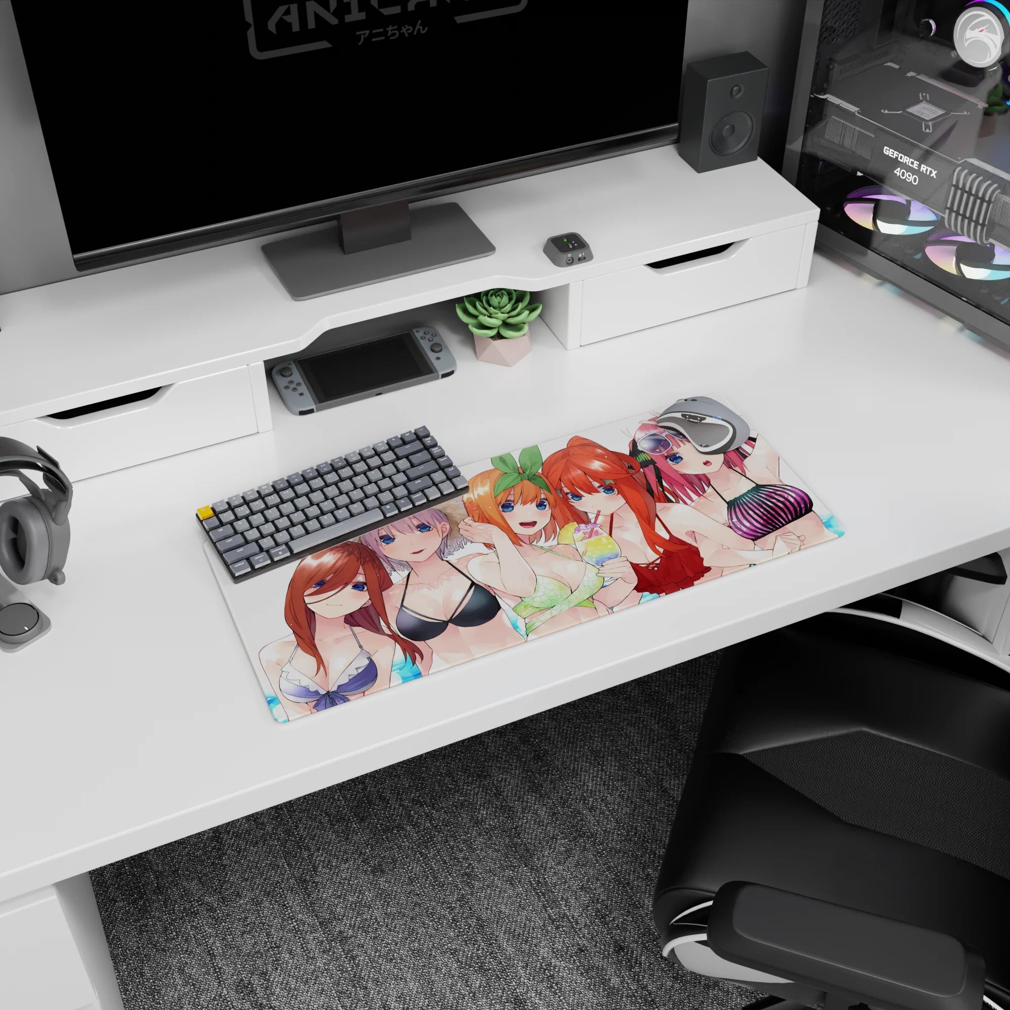 28x12 inches anime girl mouse pad featuring a red frilly bikini girl sipping a rainbow drink at the beach.