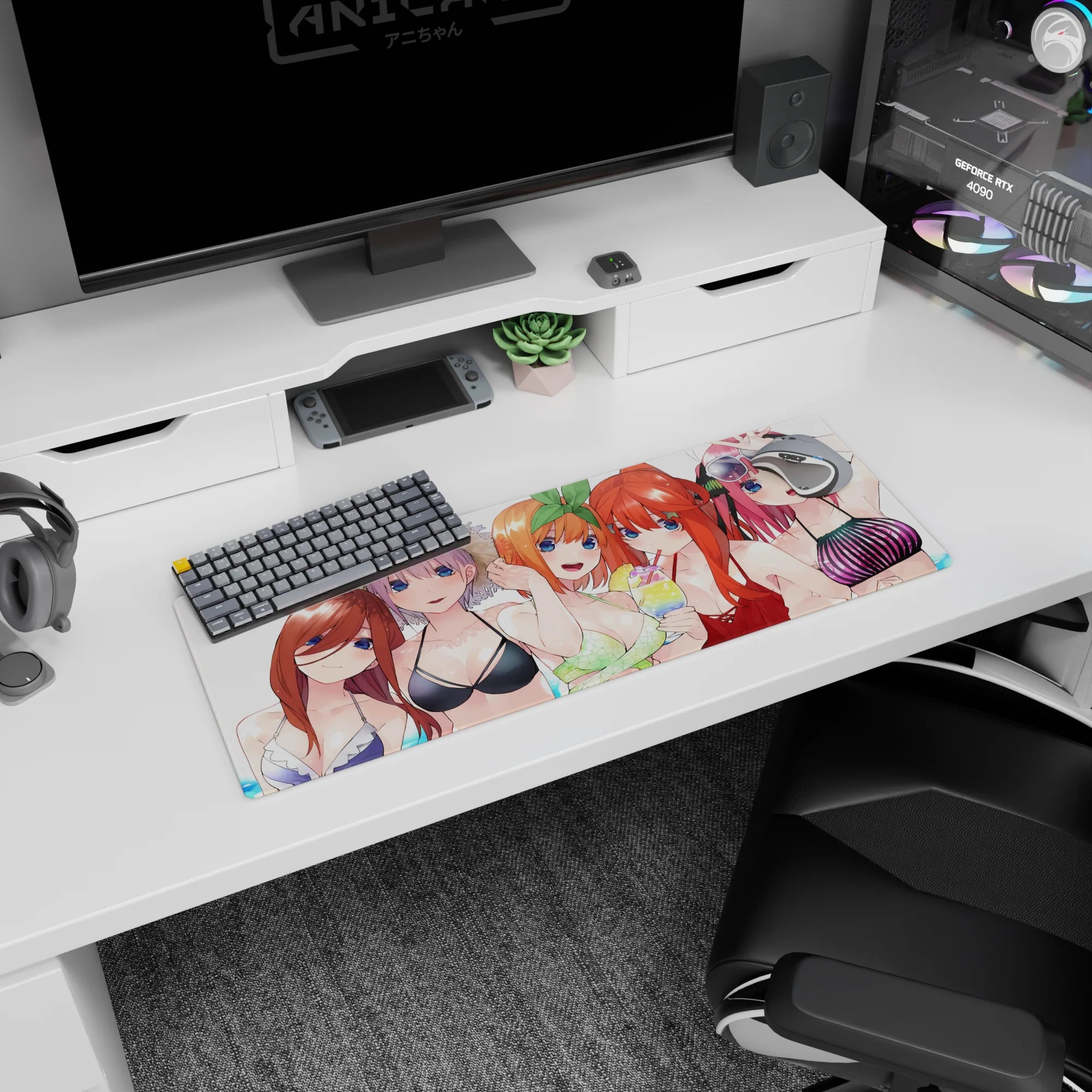 32x12 inches anime girl mouse pad showing a red frill bikini girl sipping a rainbow drink at the beach.