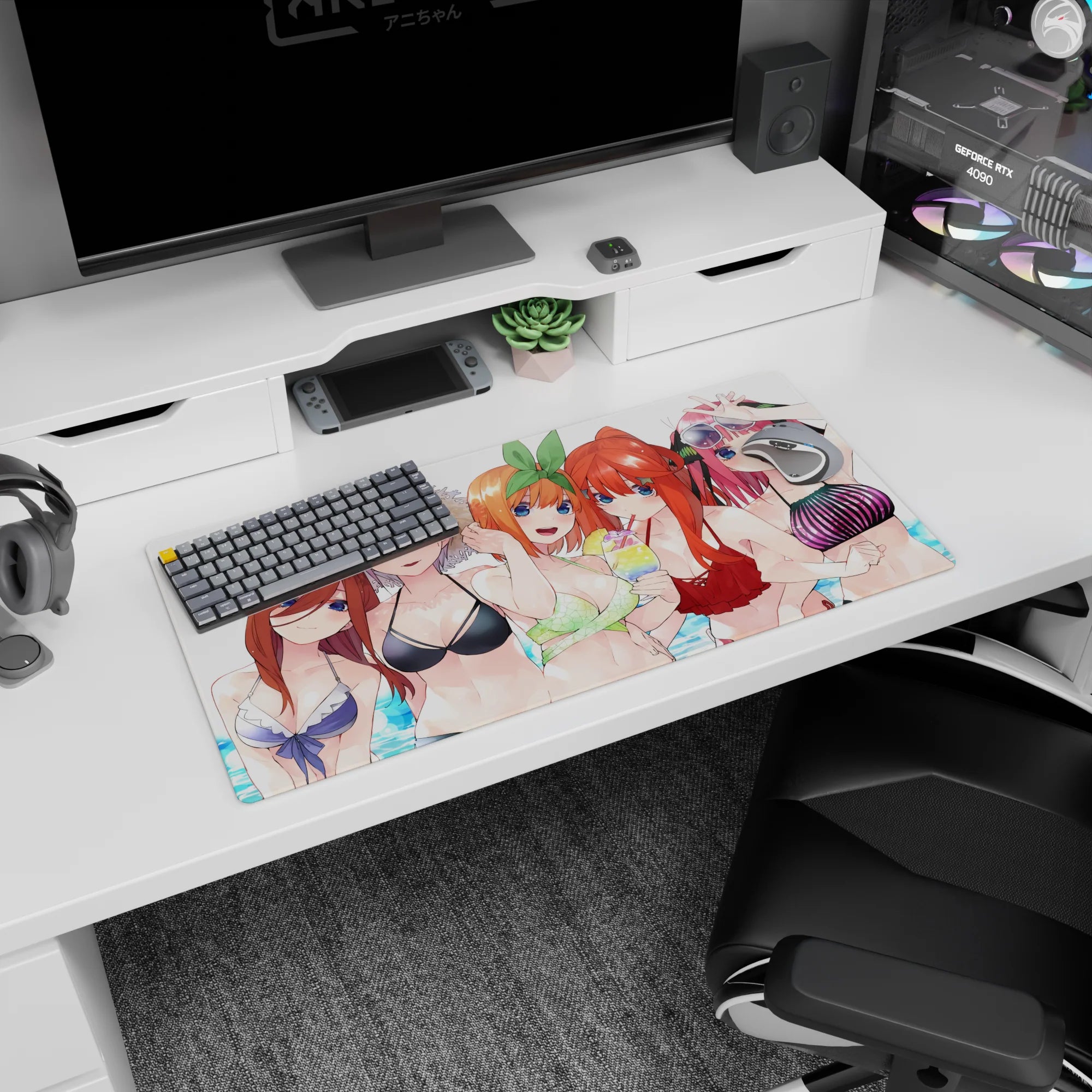 32x16 inches anime girl mouse pad featuring a red frill bikini girl sipping a rainbow drink with friends.