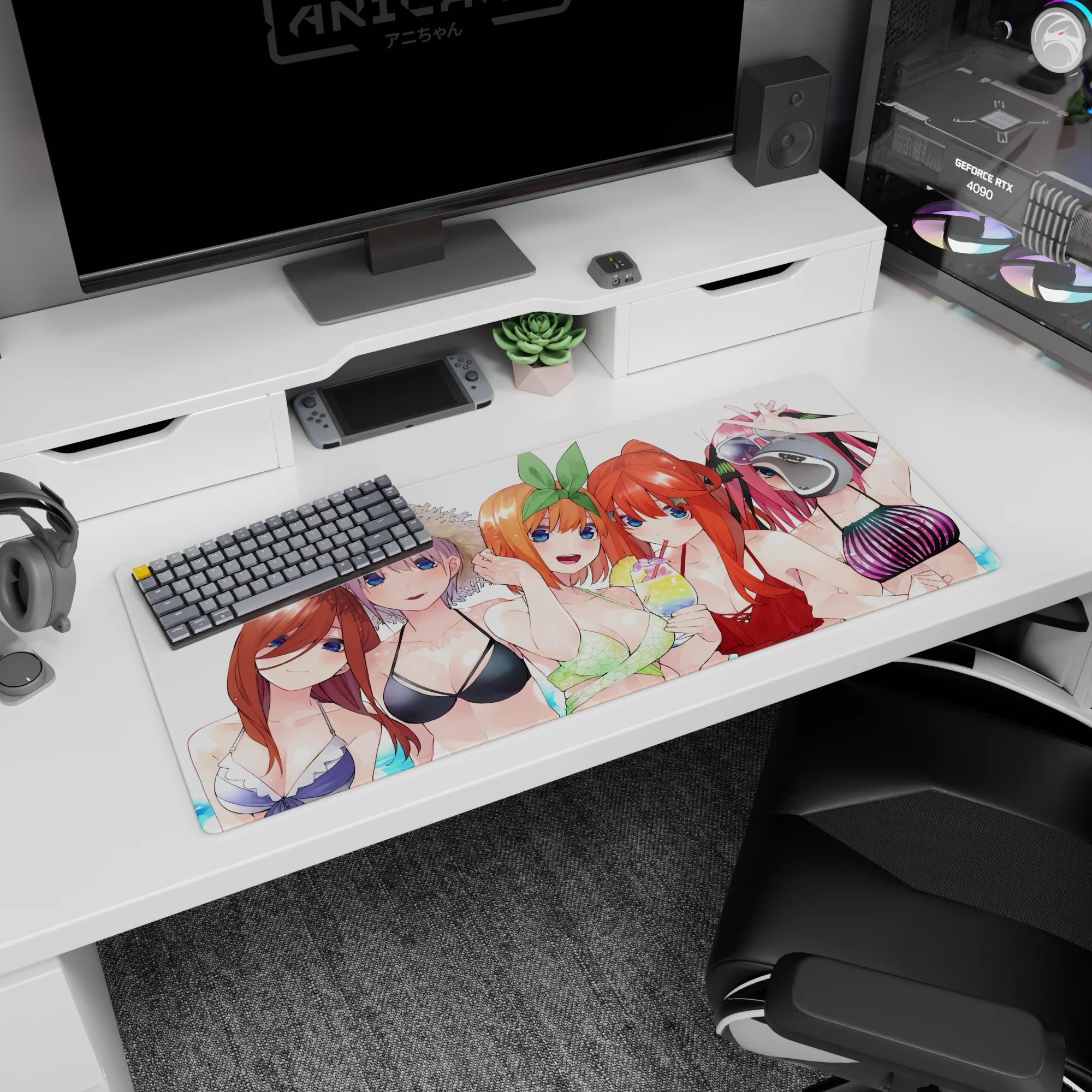 36x16 inches anime girl desk pad featuring a red frill bikini girl sipping a rainbow drink.