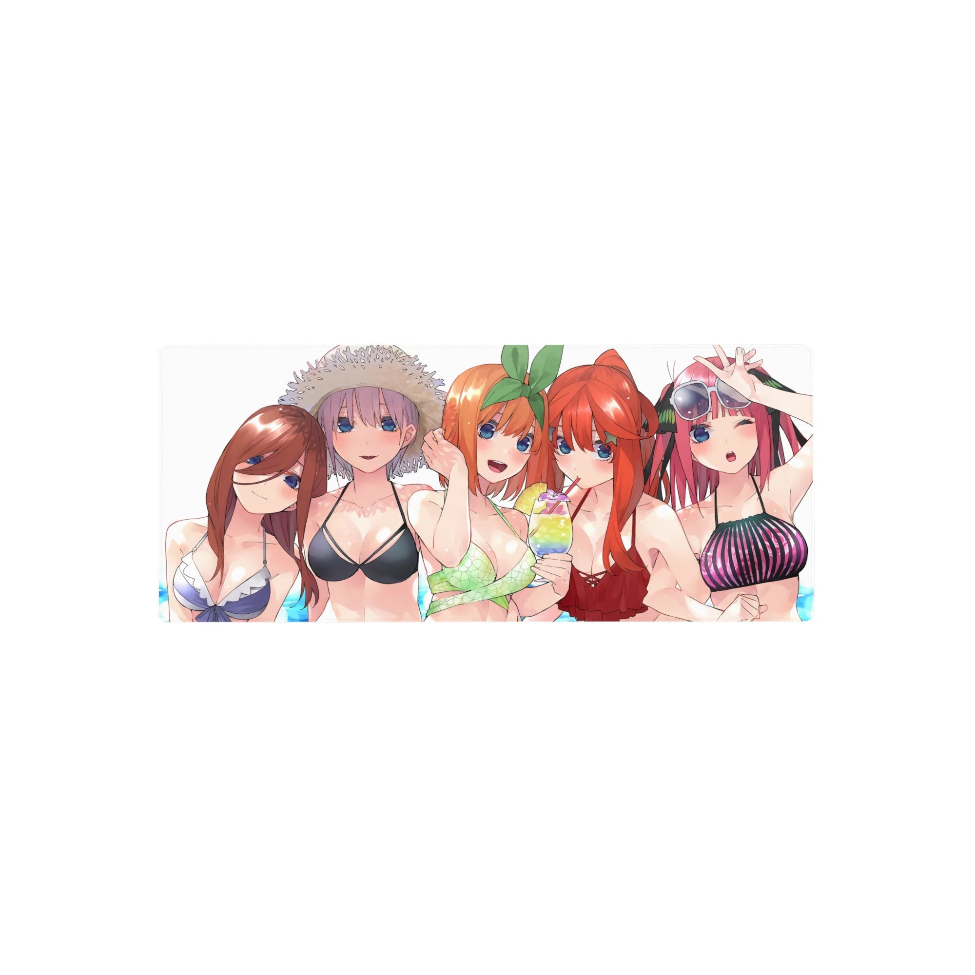 28x12 inches anime girl mouse pad with five bikini girls in a crowded beach-day glossy print.