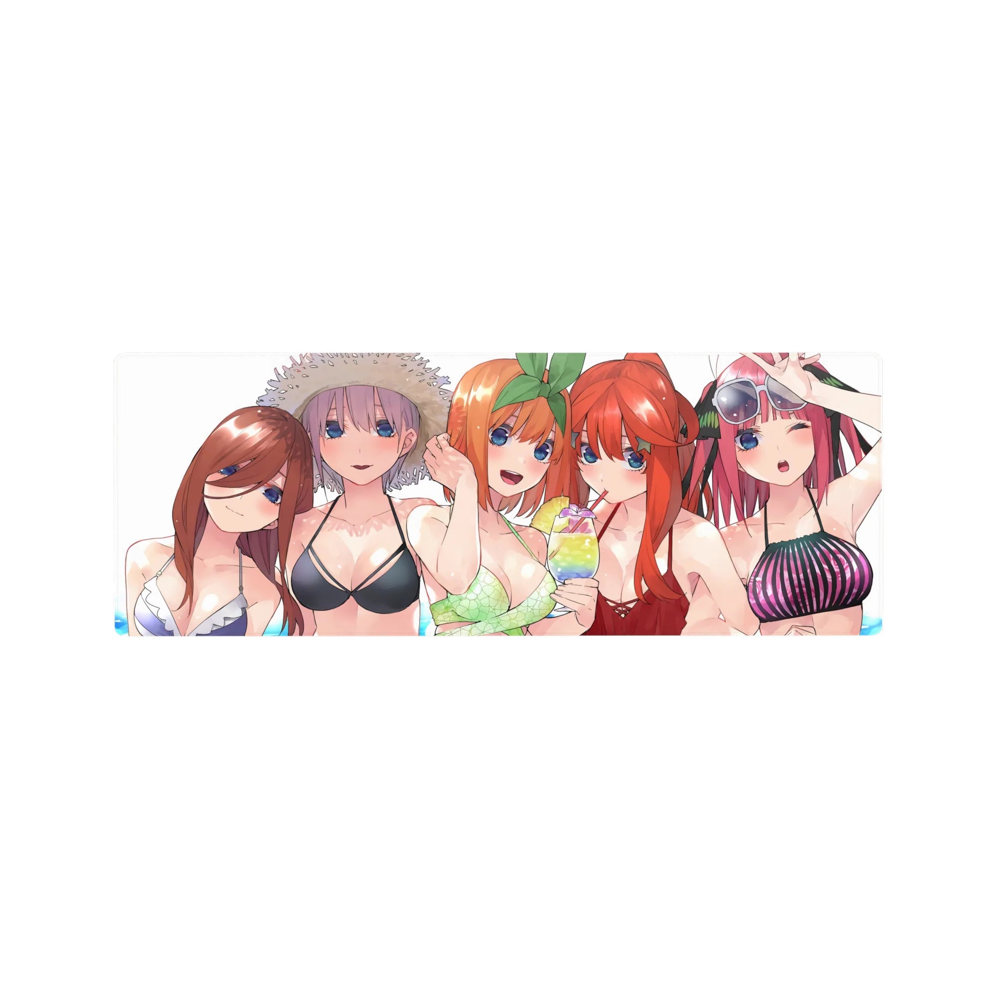 32x12 inches anime girl mouse pad with five bikini-clad girls in a crowded beach-day print.