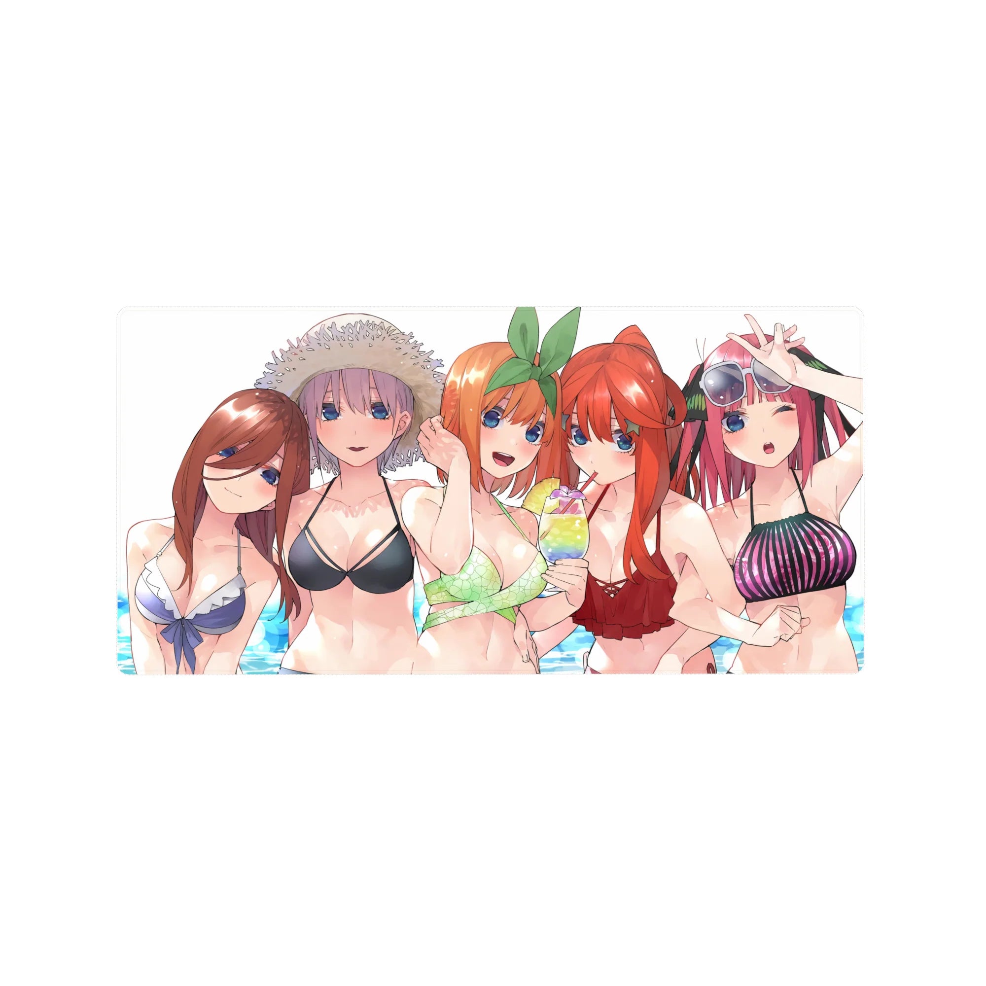 32x16 inches anime girl mouse pad with five bikini girls in a crowded beach scene, glossy cute print.