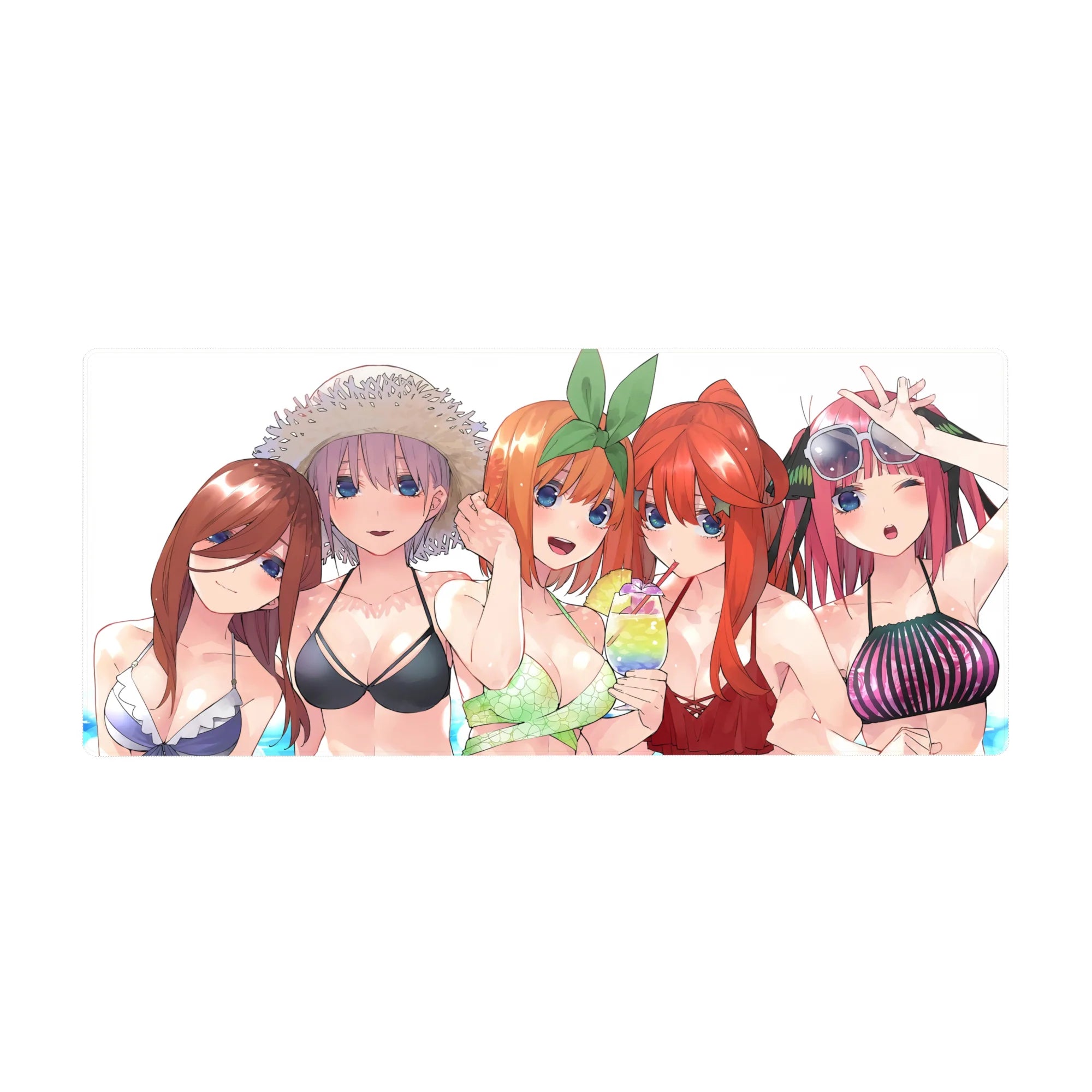 36x16 inches anime girl desk pad with five bikini girls crowded in a sunny beach-frame print.