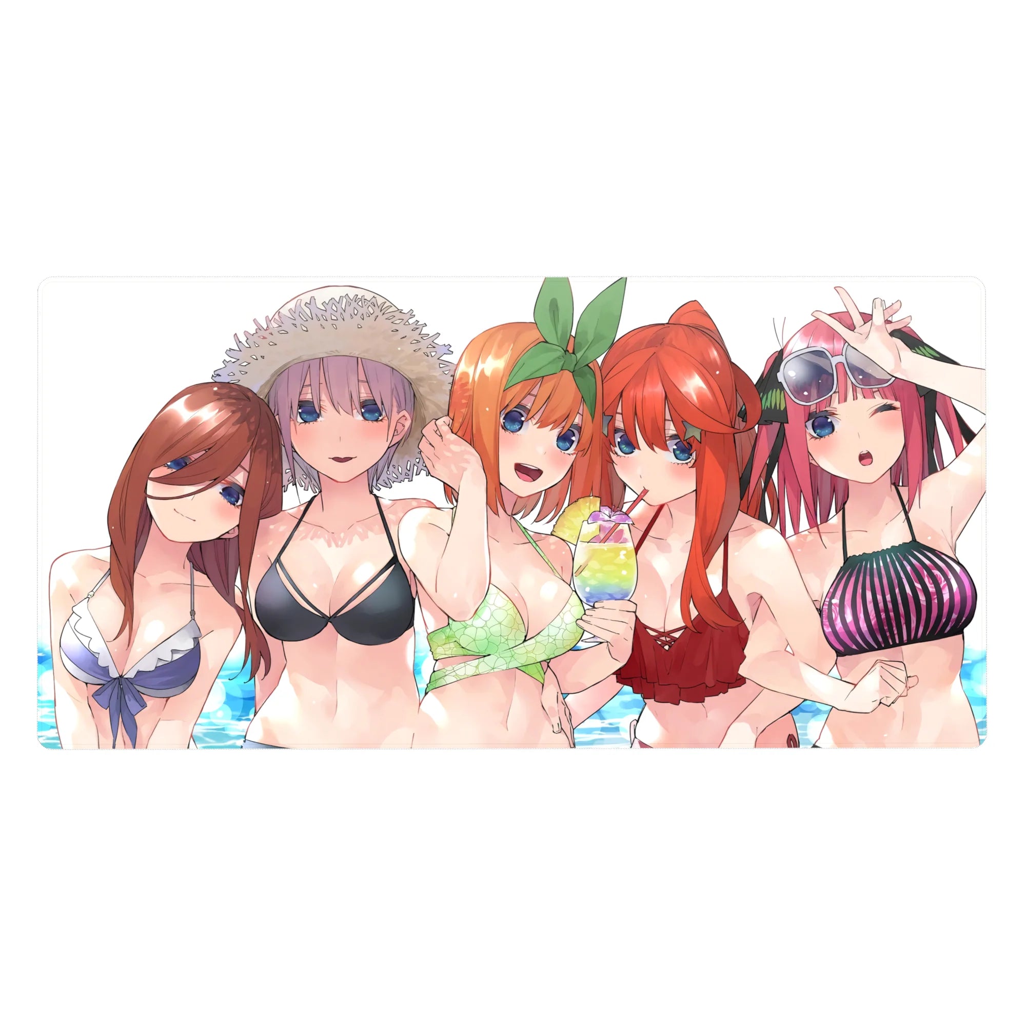 Anime girl desk pad 40x20 inches with five bikini girls crowding a sunny beach scene, glossy print.