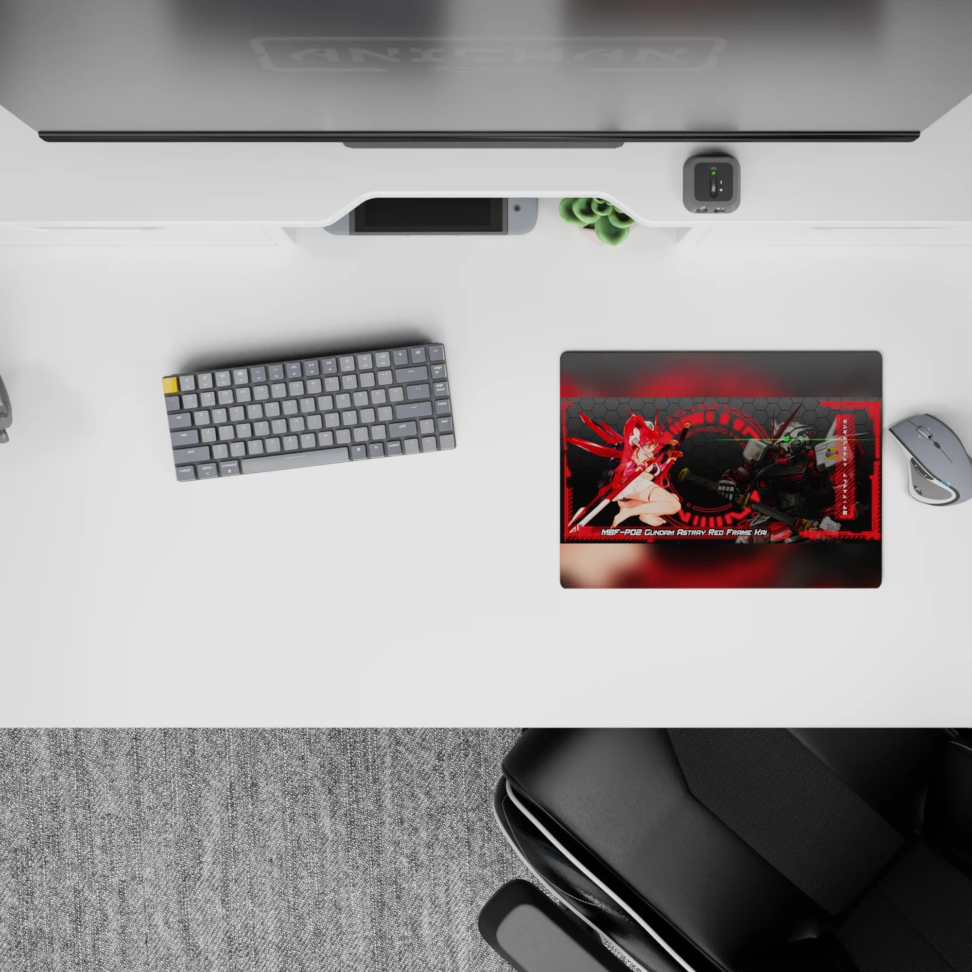 Anime mouse pad 14x10 inches in neon crimson and dark hex grid, green-eye glow, edgy late-night gamer mood.