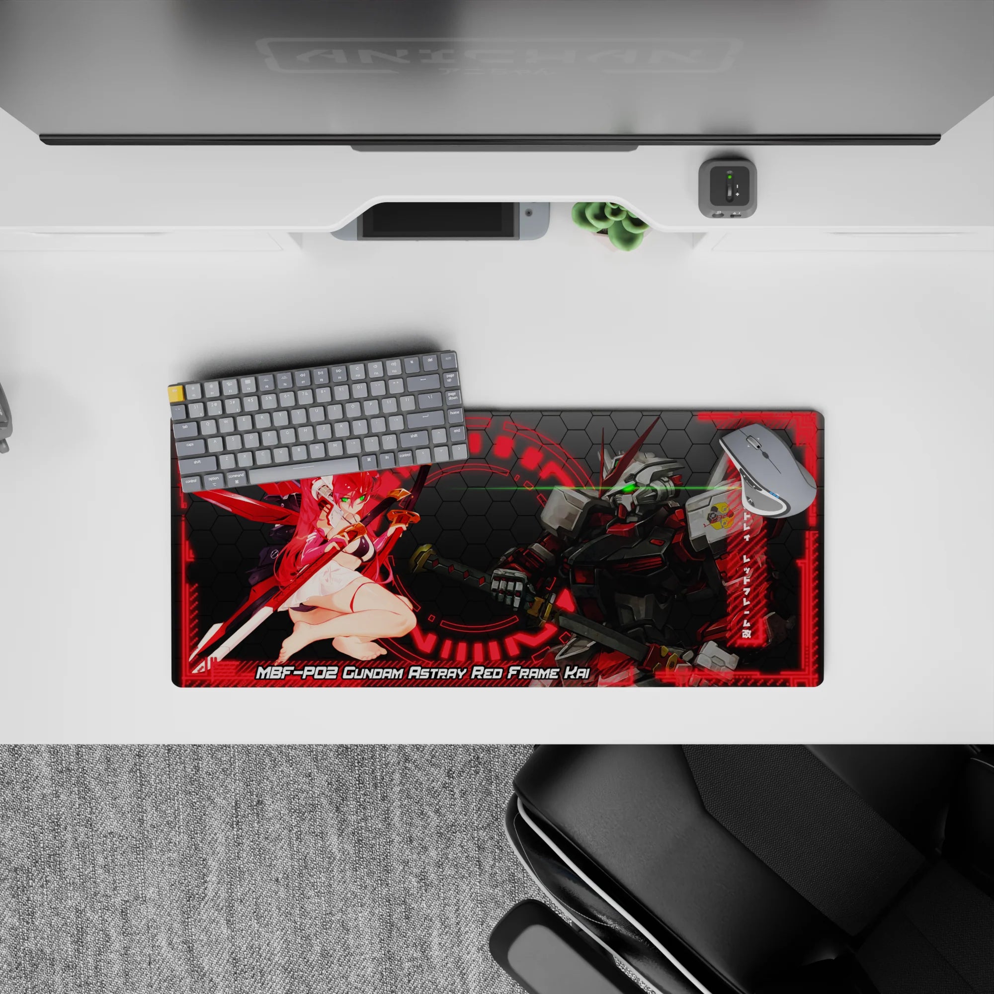 28x12 inches anime mouse pad in neon crimson and dark hex tech, green-eye glow, edgy gaming vibe.
