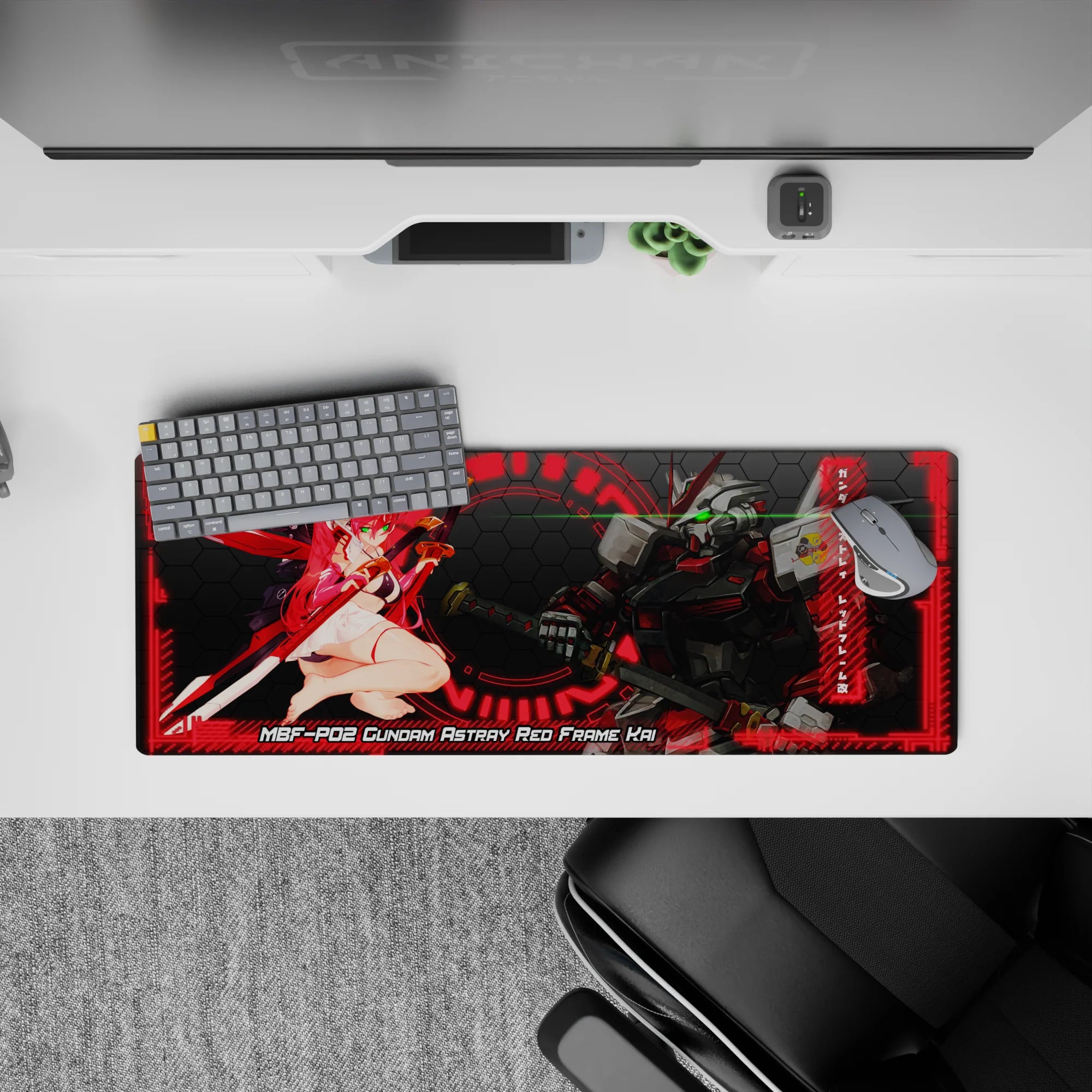 32x12 inches anime mouse pad in neon crimson and dark hex tones with green-eye glow, sleek cyber mood.