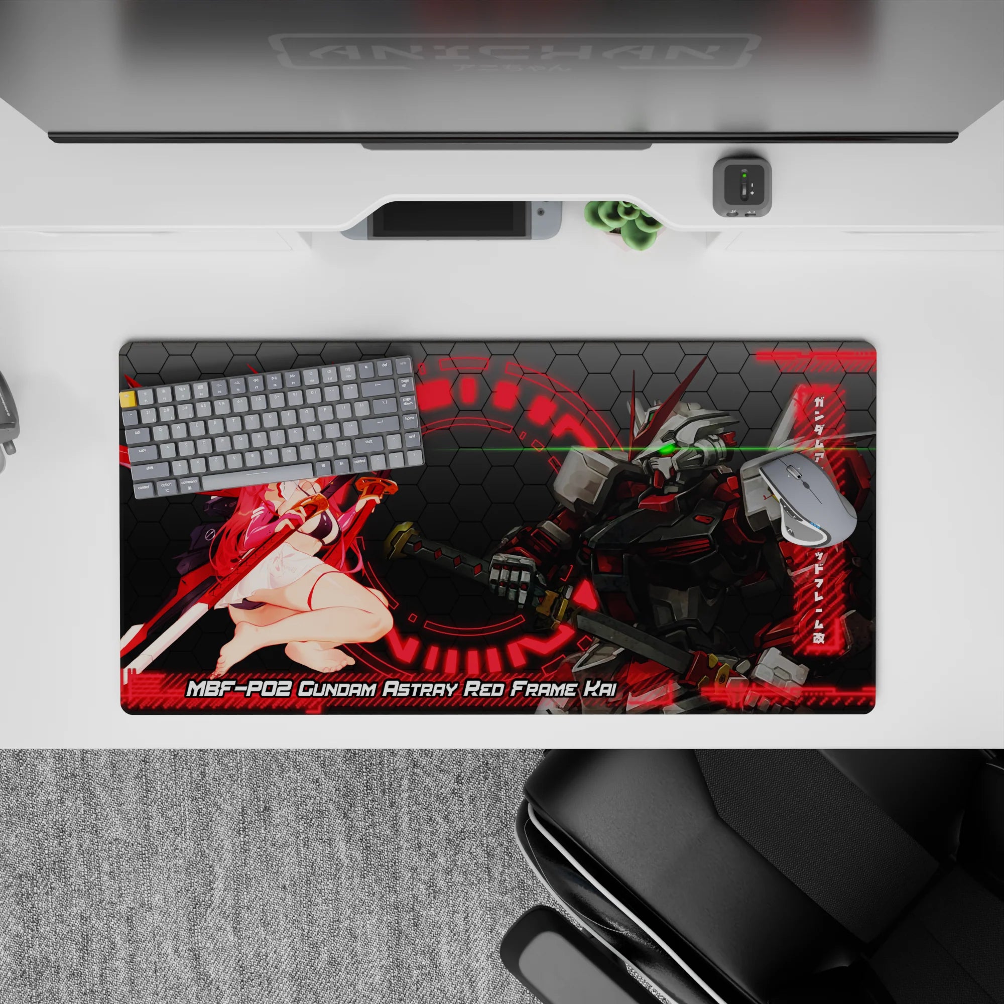 32x16 inches anime mouse pad in neon crimson with green-eye glow, sleek cyber HUD vibe for gaming.