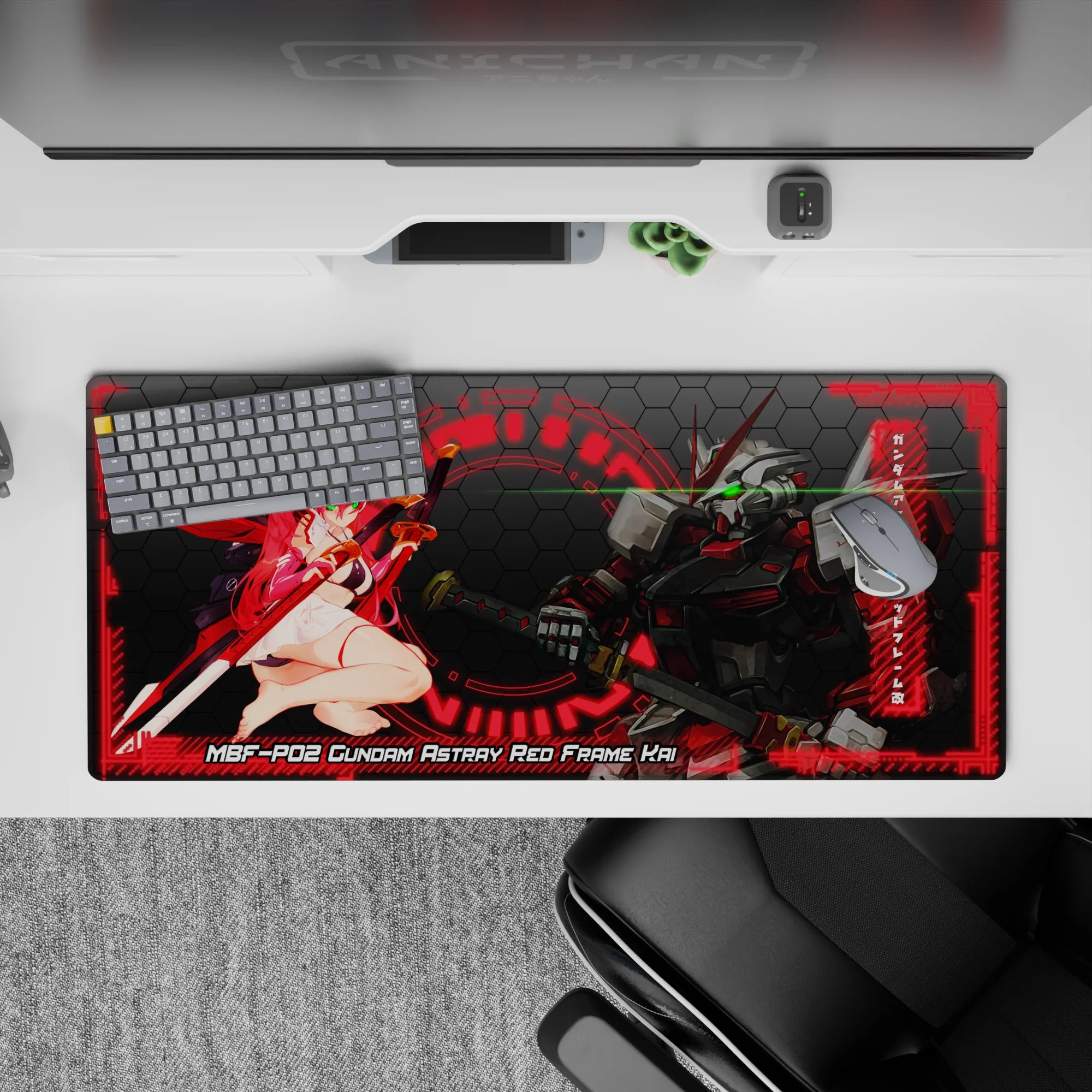 36x16 inches anime mouse pad in neon crimson and dark hex grid, green-eye glow, sleek late-night gaming vibe.