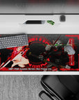 36x16 inches anime mouse pad in neon crimson and dark hex grid, green-eye glow, sleek late-night gaming vibe.