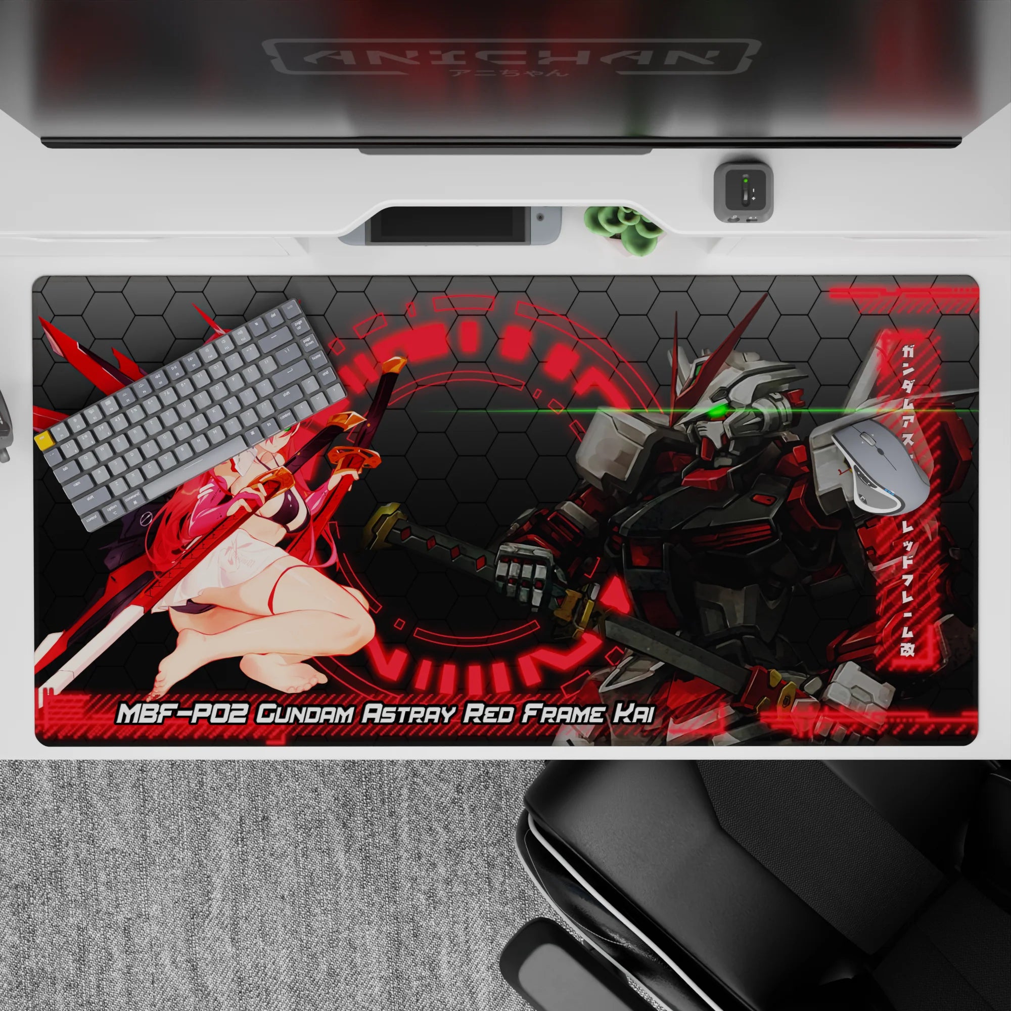 Neon crimson HUD glow anime desk pad 40x20 inches, dark hex grid, green-eye katana vibe.