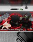 Neon crimson HUD glow anime desk pad 40x20 inches, dark hex grid, green-eye katana vibe.