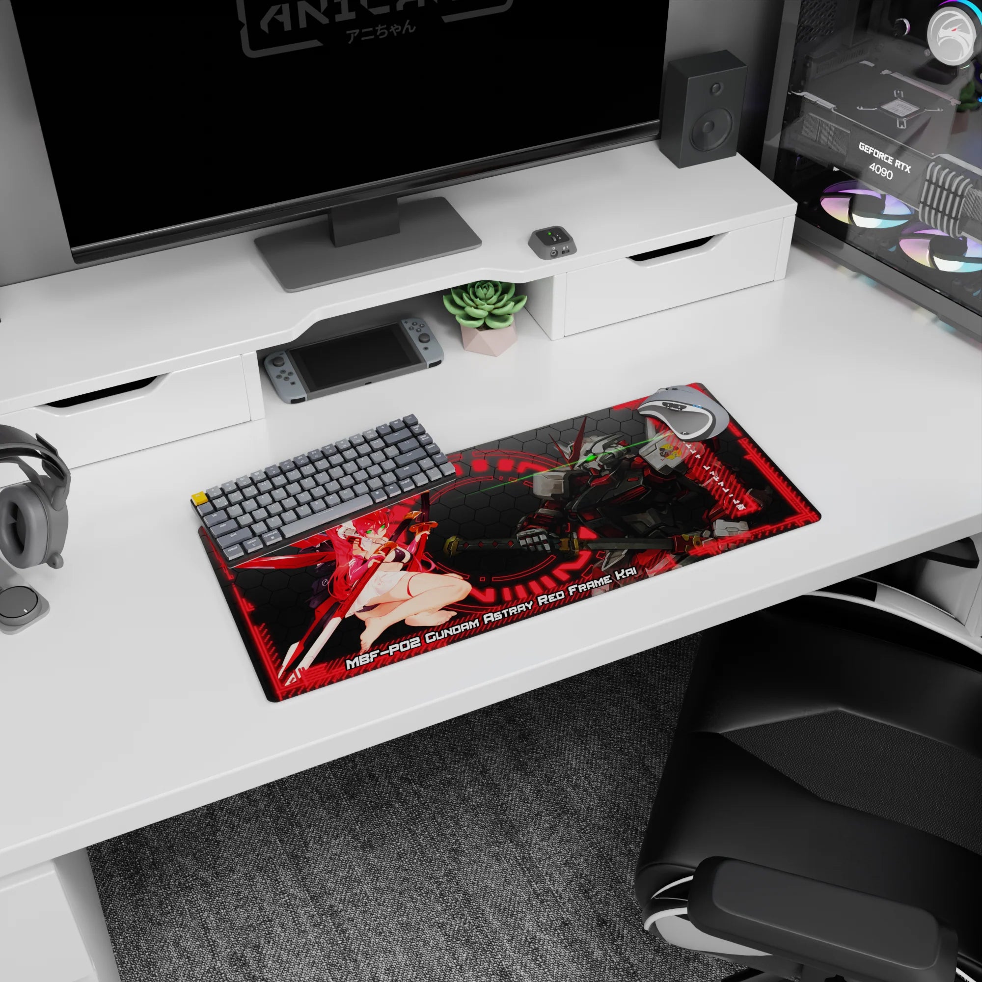 28x12 inches anime mouse pad showing Astray Red Frame Kai facing a red-haired pilot girl in a bold pose.