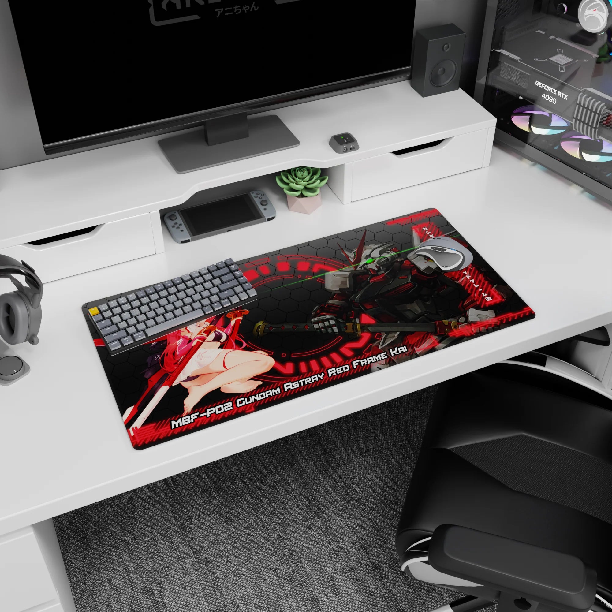 32x16 inches anime mouse pad showing Astray Red Frame Kai facing a red-haired pilot girl, katana energy.