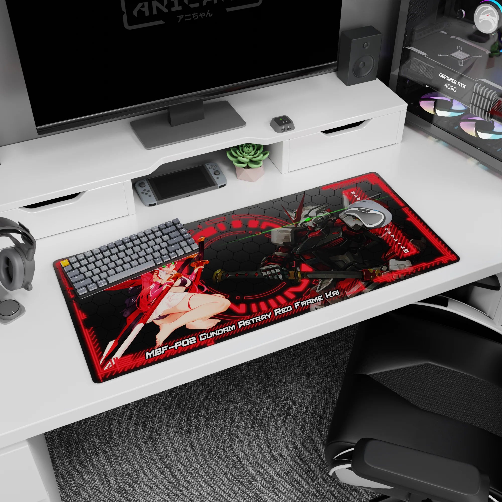 36x16 inches desk pad showing Gundam Astray Red Frame Kai facing a red-haired pilot girl in a playful pose.