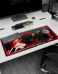 36x16 inches desk pad showing Gundam Astray Red Frame Kai facing a red-haired pilot girl in a playful pose.