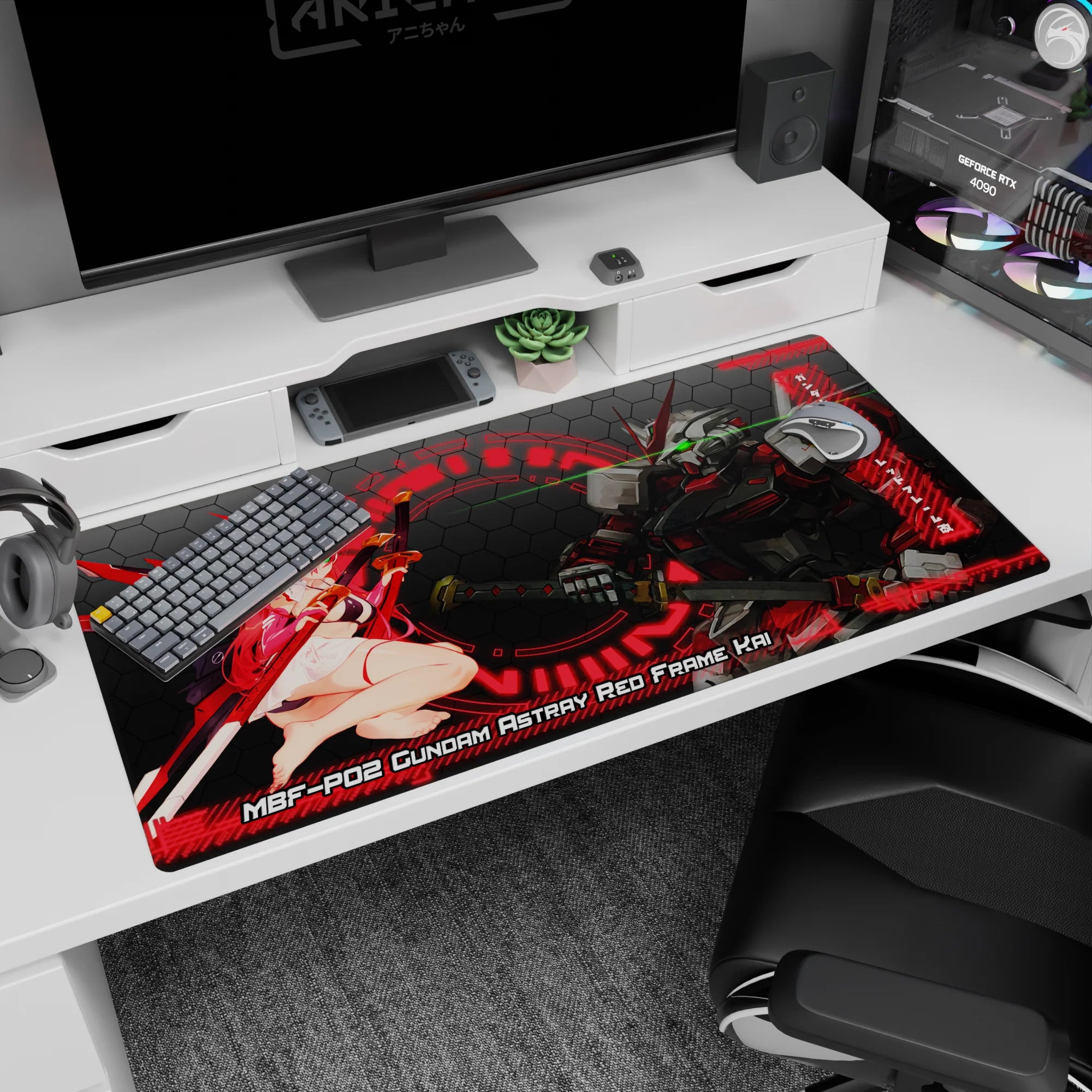 Gundam Astray faces red-haired pilot girl in a playful standoff on anime desk pad 40x20 inches.