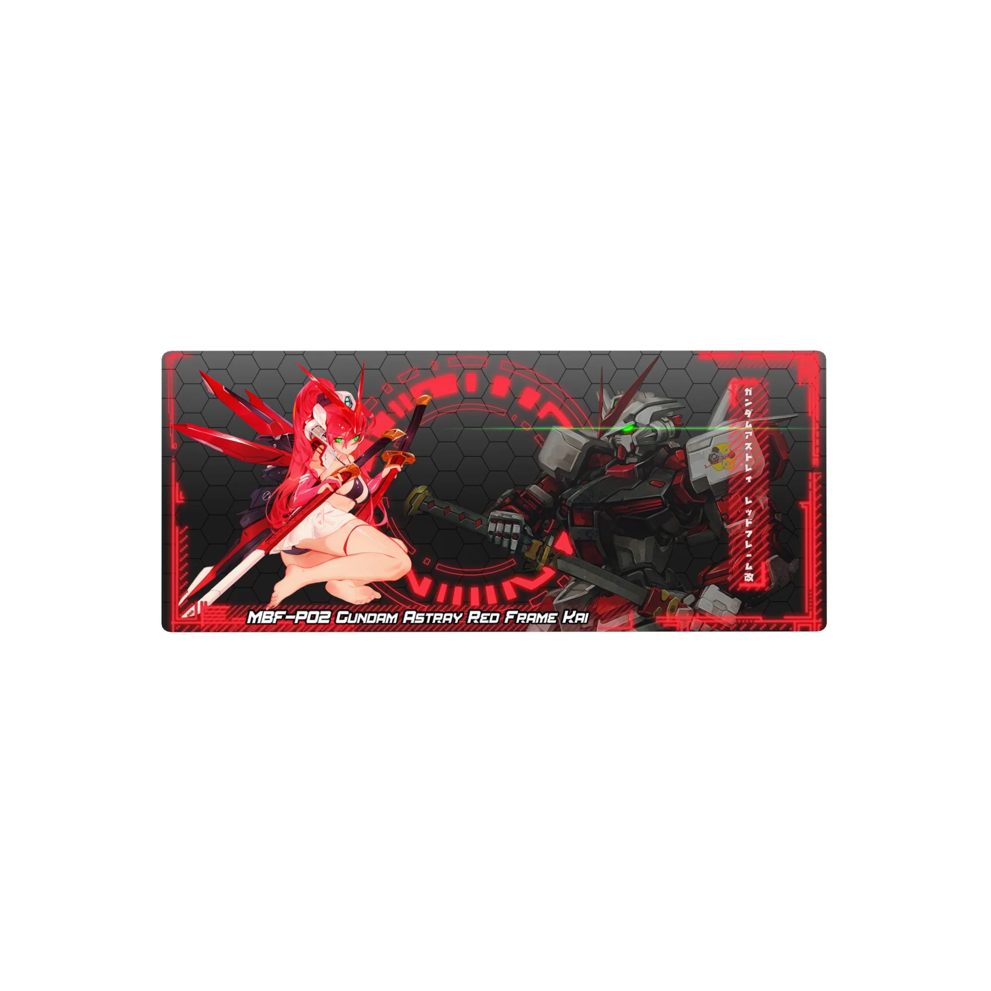 28x12 inches anime mouse pad with Gundam Astray Red Frame Kai, pilot girl, neon HUD rings, hex tech.