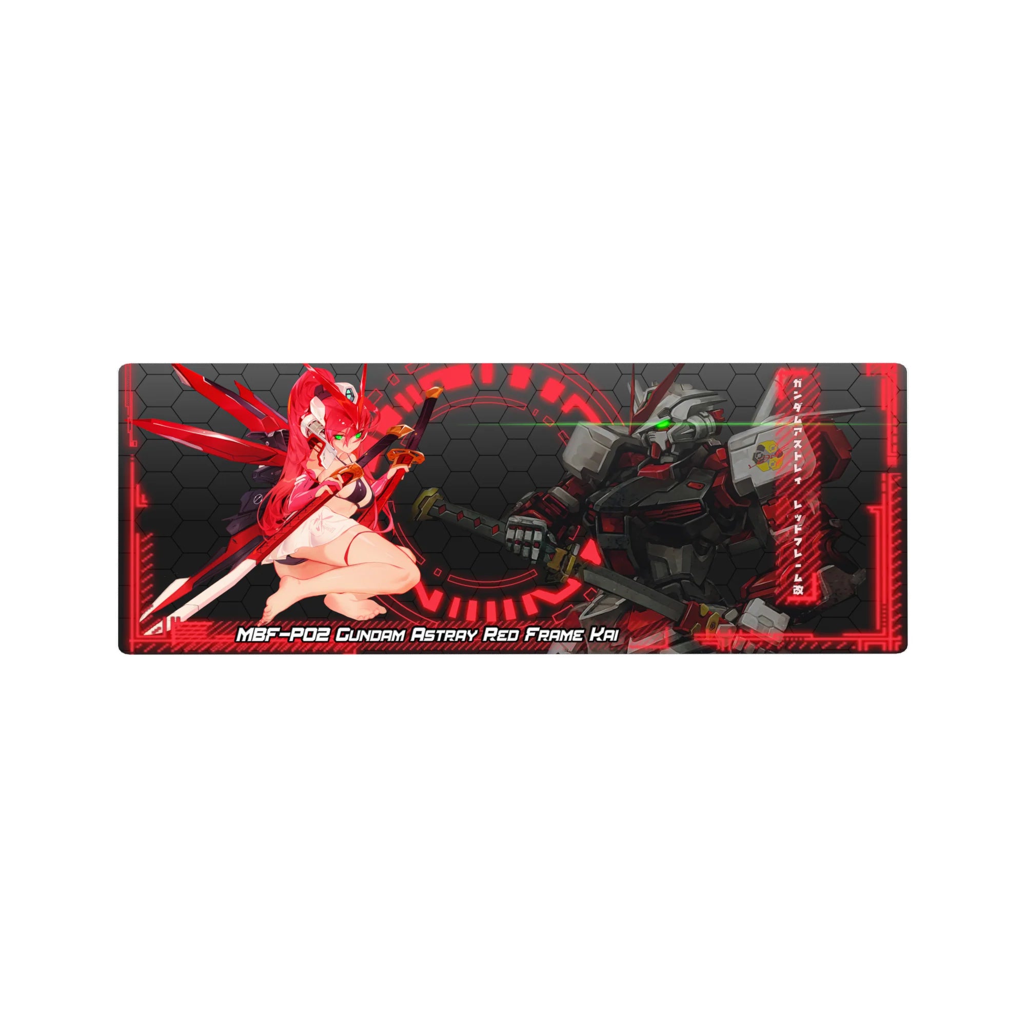 32x12 inches anime mouse pad with Gundam Astray Red Frame Kai, neon HUD rings, and hex tech backdrop.