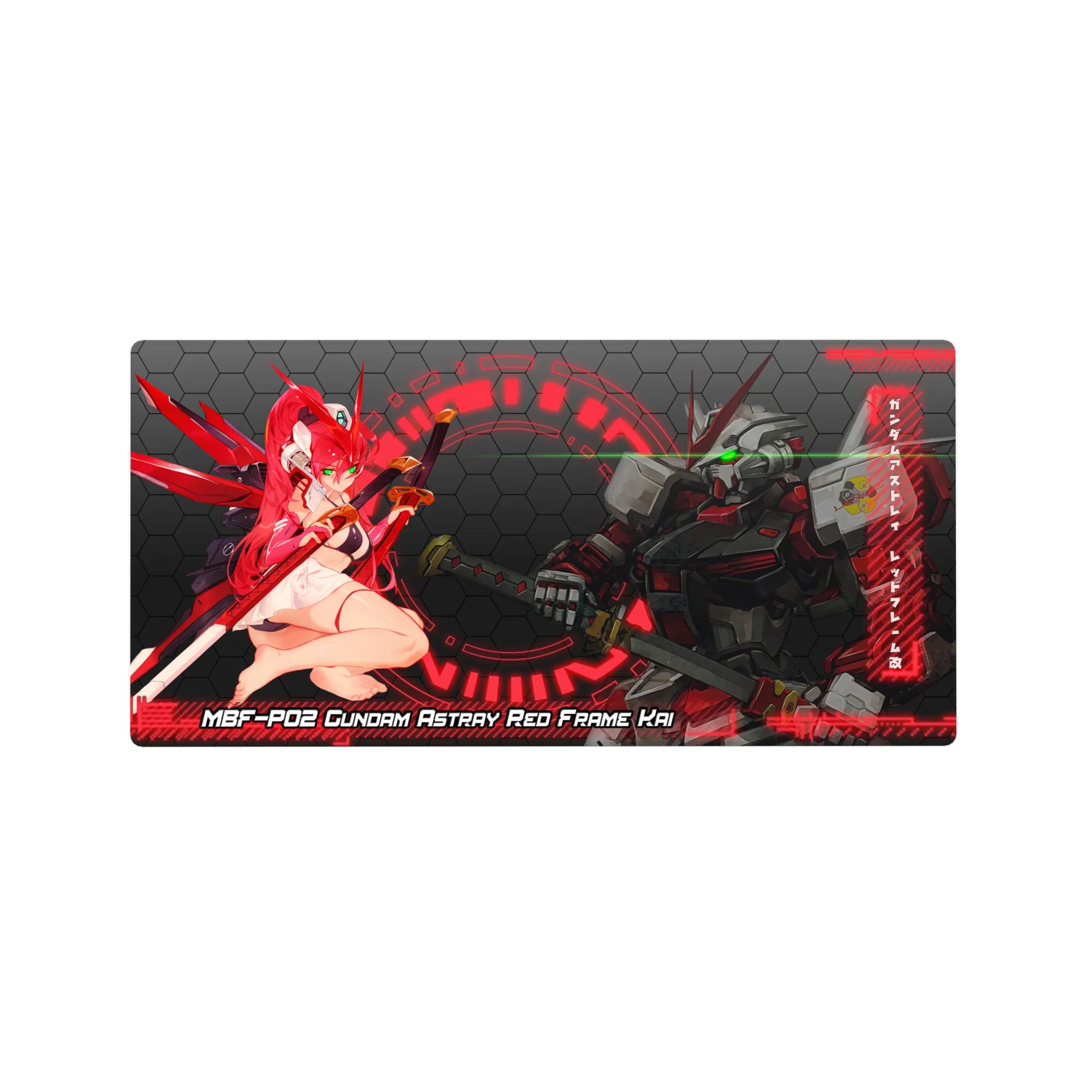 32x16 inches anime mouse pad with Gundam Astray Red Frame Kai, neon HUD rings, and dark hex tech.