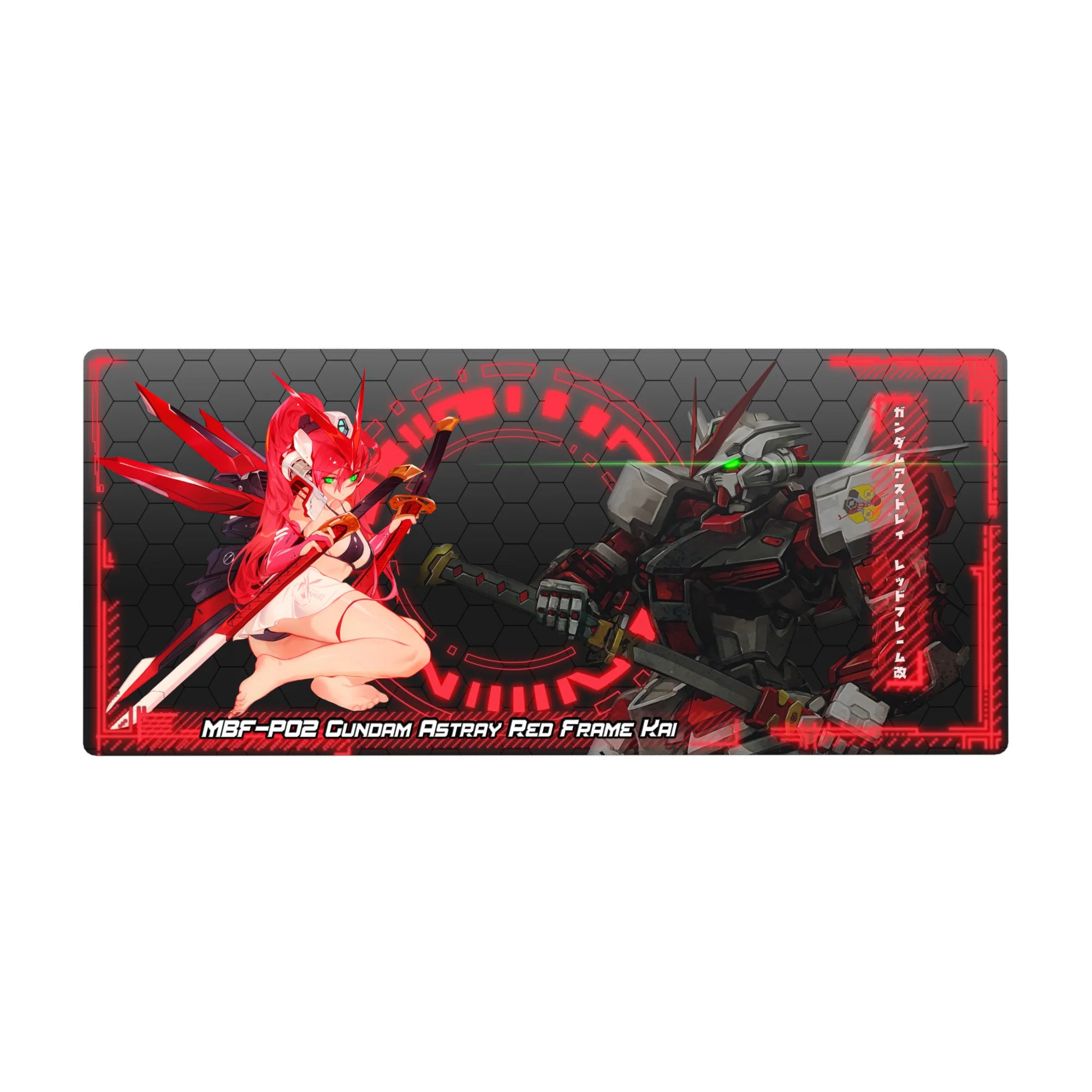 36x16 inches anime desk pad with Gundam mecha, pilot girl, neon HUD rings, and dark hex tech pattern.