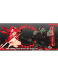 36x16 inches anime desk pad with Gundam mecha, pilot girl, neon HUD rings, and dark hex tech pattern.
