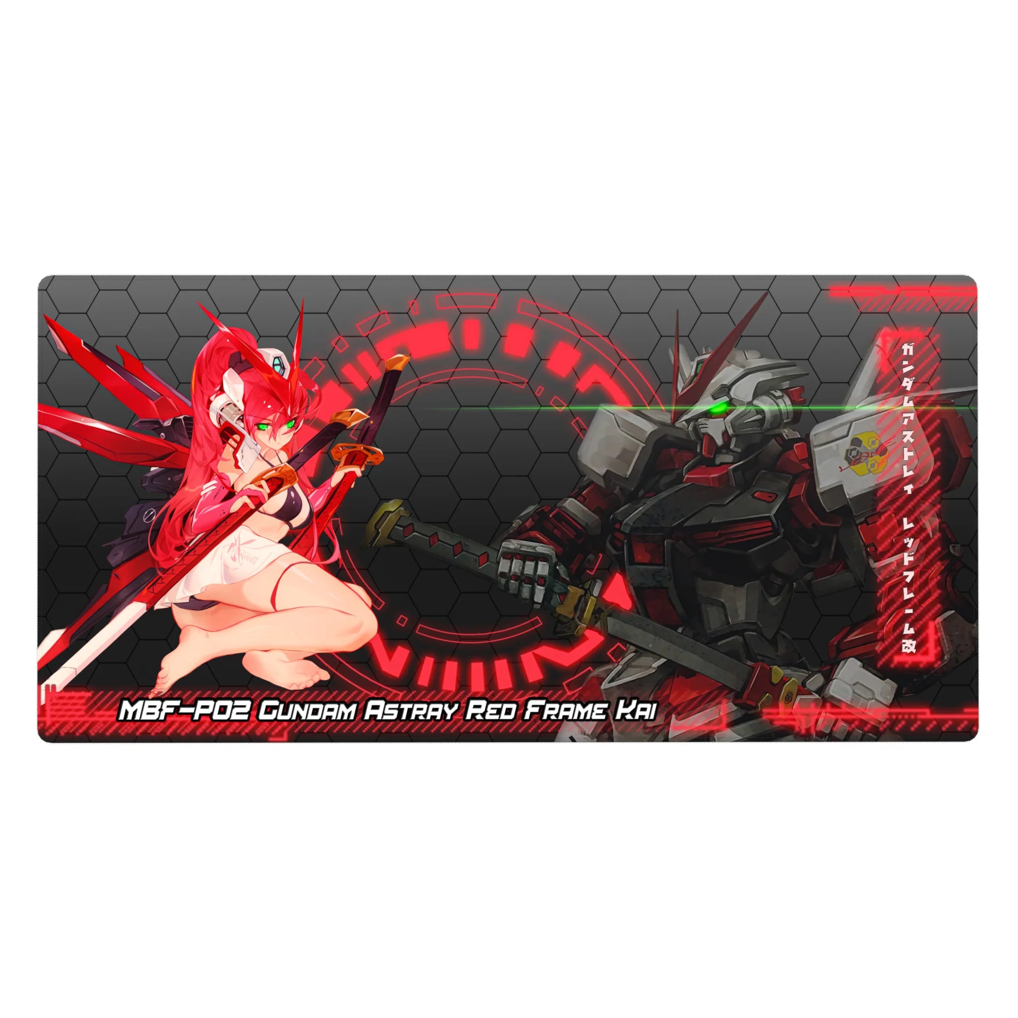 Anime desk pad 40x20 inches with Gundam Astray Red Frame Kai, HUD rings, hex tech pattern.