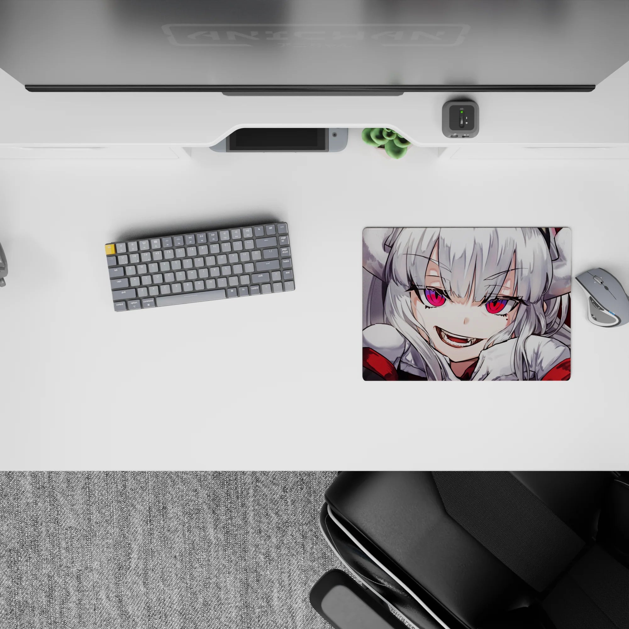 Crimson background anime girl mouse pad 14x10 inches with hot pink eyes and cute demon-girl vibe.