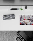 Crimson background anime girl mouse pad 14x10 inches with hot pink eyes and cute demon-girl vibe.