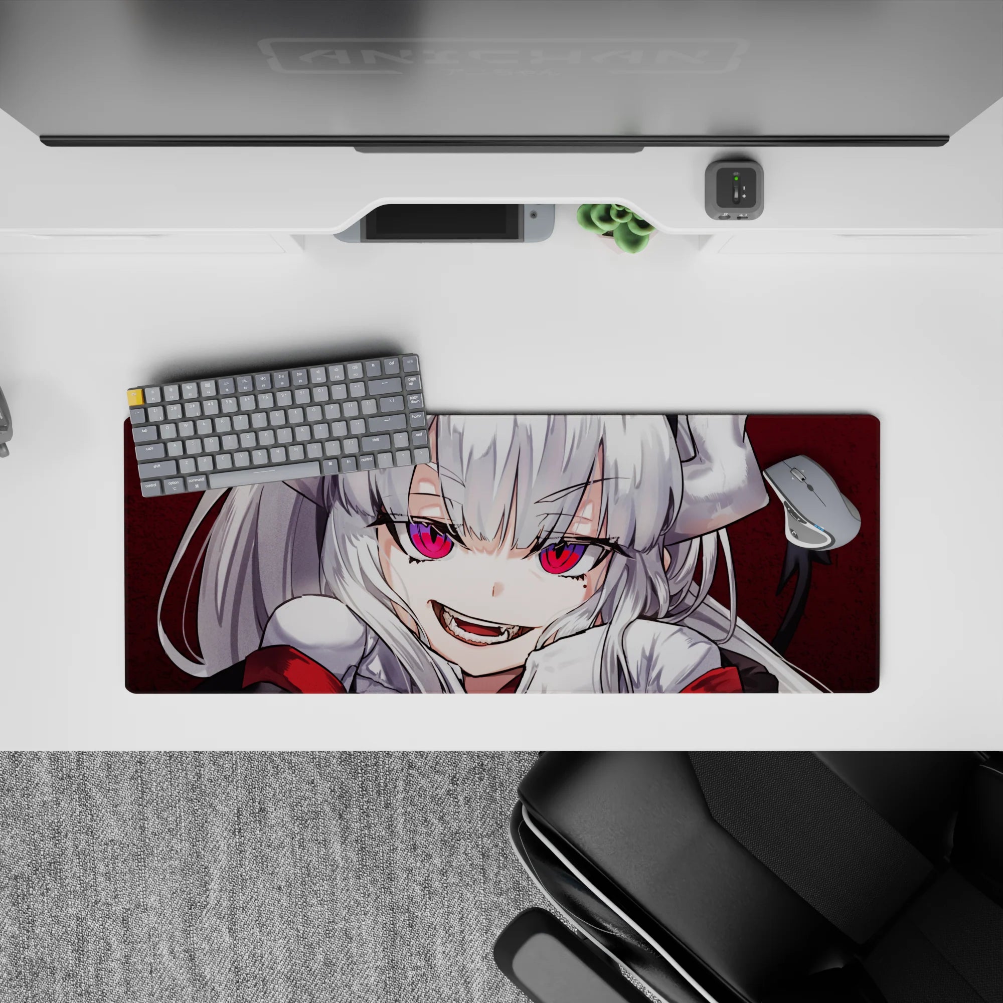 32x12 inches anime desk mat in deep crimson with hot pink eyes, bold contrast, playful demon-girl vibe.