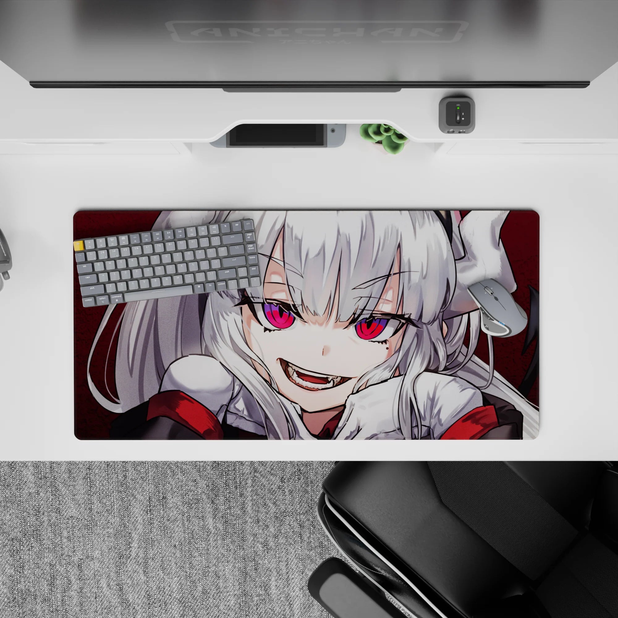 32x16 inches anime girl mouse pad in deep crimson tones, hot pink eyes, playful mischievous vibe.
