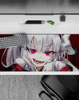 Dark crimson anime desk pad 36x16 inches with hot pink eyes, bold contrast, playful demon-girl vibe.