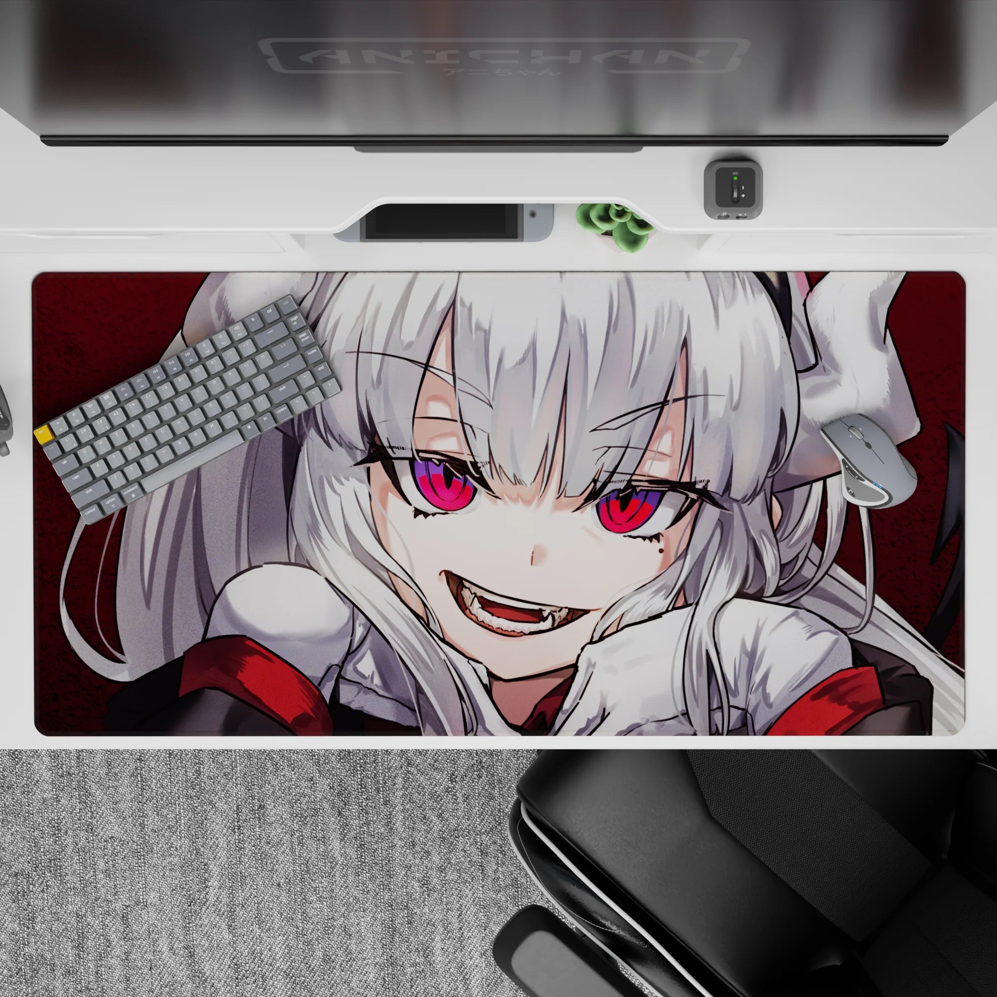 Dark crimson anime desk pad 40x20 inches with bold contrast, hot pink eyes, and cute dangerous mood.