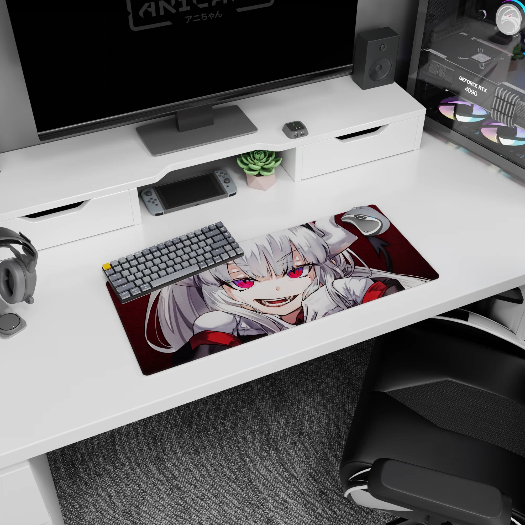 Silver-haired anime demon girl smirking on a 28x12 inches mouse pad, pink eyes staring from red backdrop.